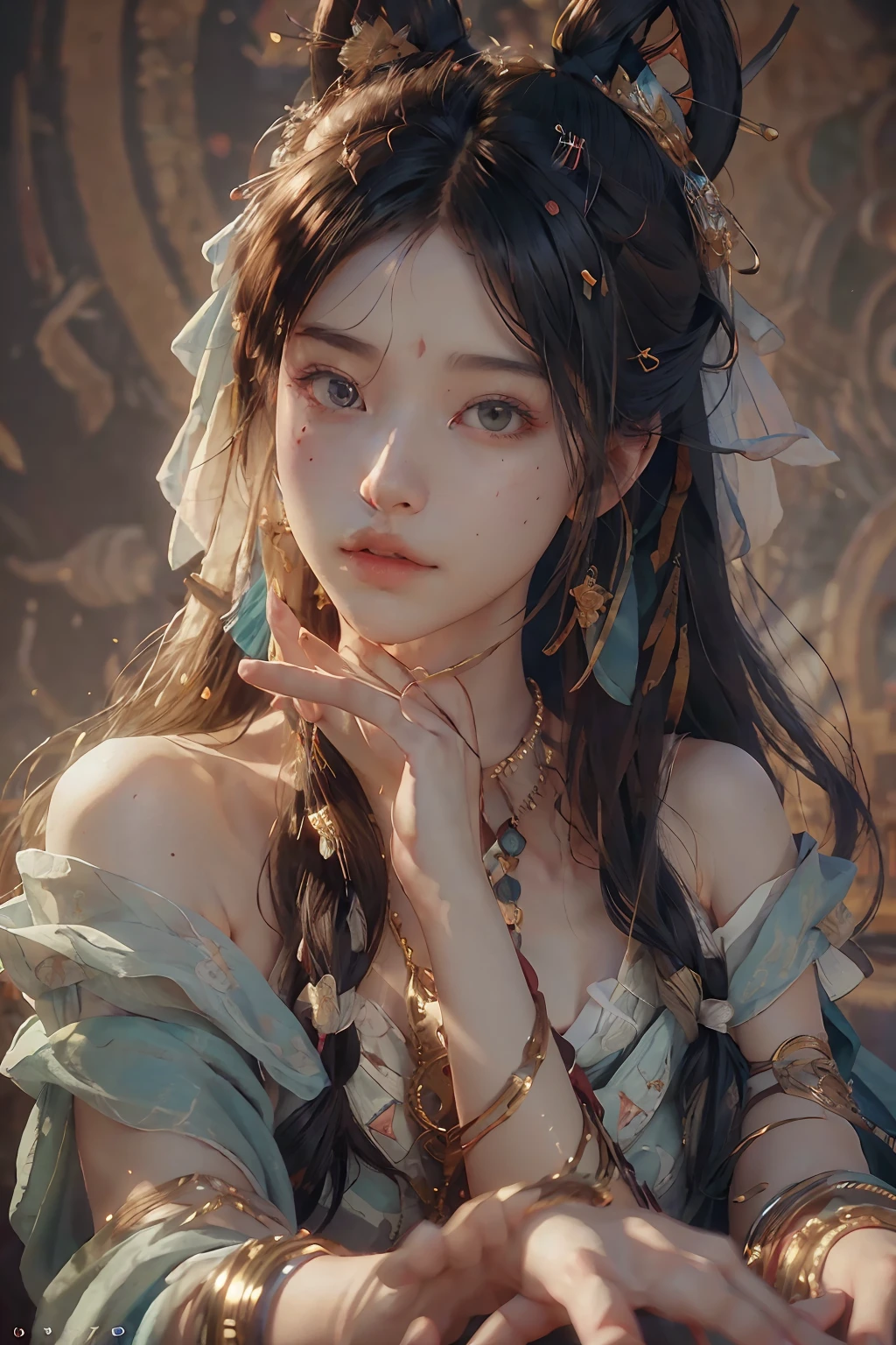 (RAW photo, best quality), (realistic, photo-realistic:1.3),best quality,highly detailed,masterpiece,ultra-detailed,illustration,1girl,upper_body,dynamic angle,world masterpiece theater,messy_long_hair,best quality,extremely detailed CG unity 8k wallpaper,ink,Amazing,cinematic lighting,lens_flare, dunhuang_style