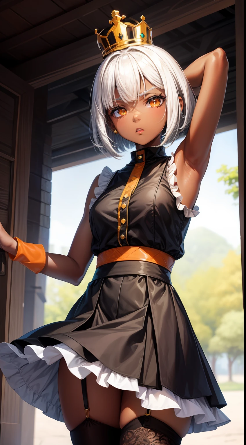 Young black girl, black skin, white colored hair, Bob hairstyle, Orange Eyes, Princess green clothes, Sleeveless, pantyhouse, crown, anger, Masterpiece, hiquality