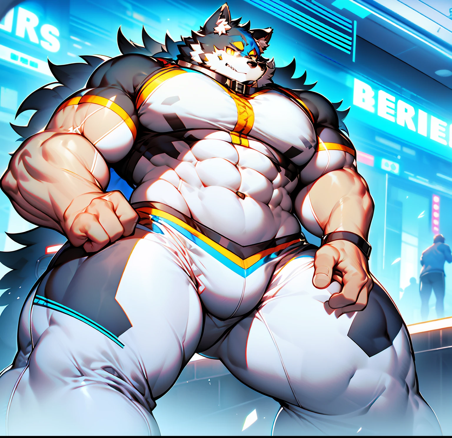 coyote，Furry，Blue pattern，Black hair，musculature，Muscle men，nakeness，Strong，ultraclear，Has a large ，Collar，Black  shorts，Black sclera，red pupils，Abs，Yellow coat，The erection，Collar，Has a large ，der riese，tit，Solo，Stout arms，Storm jacket，Badge，Pronounced abs，ssmile，lbeard，Dim lighting，Dark atmosphere，subway station background，Dim light，Urban style，hold fists,Big Dick，vast pecs