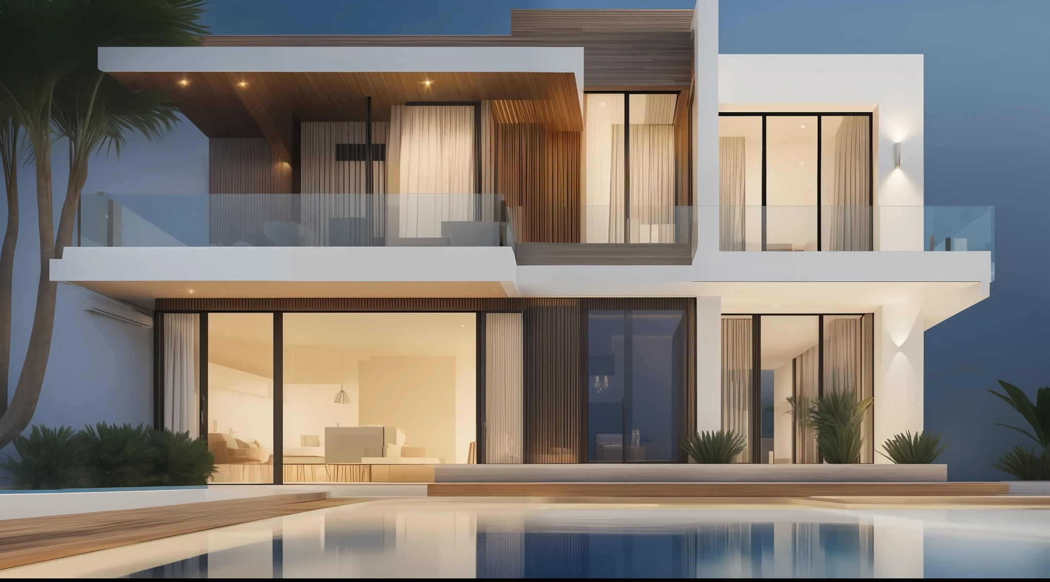 Masterpiece: 1.2, best quality), realistic, (real picture, rich details details, depth of field), fancy house, home with waterpool, ultra 4k rendering, architecture, white color, night sky, rim light, soft yellow light, light house, modern minimalist style house,