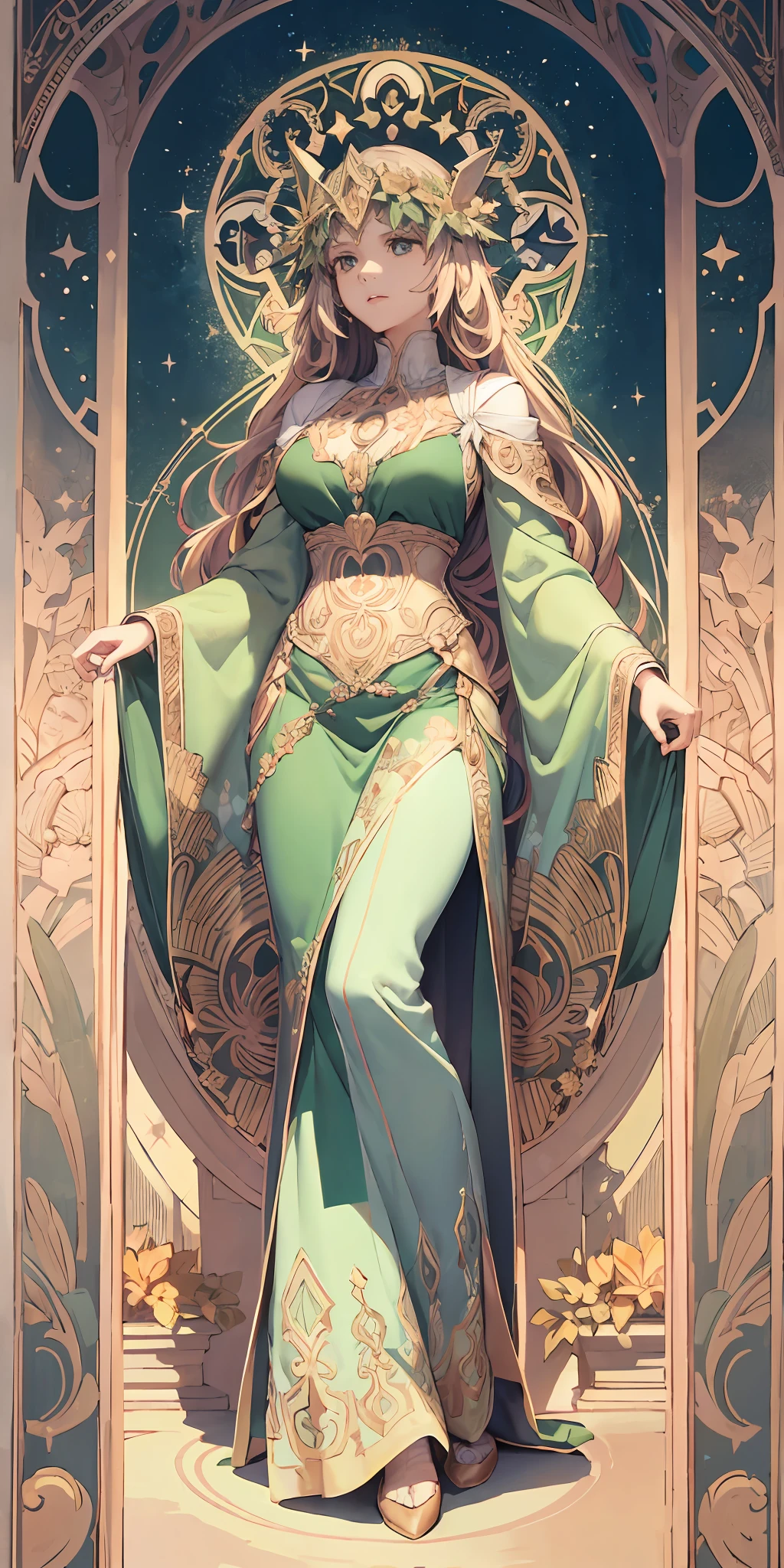 Green floral border,Demeter, goddess of harvest,full bodyesbian, Decorative panels, abstract artistic, Alphonse Mucha (tmasterpiece, best qualtiy, A high resolution: 1.4), A detailed, Complicated details, 4K, Color splattering, Line art, Fibonacci, starrysky, natta, exteriors, Clouds, Reflectors, Eau, magick, (tarot cards),Cards, ((beautiful golden crystal star)) buliding, palaces, Patterned, Sumeru, Clouds, themoon