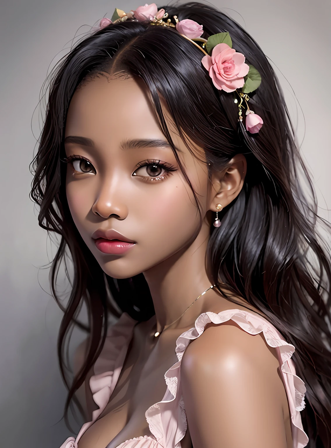 Photorealistic Beautiful black girl，African girl，Thin，Dark  skin，Wearing a pink silk nightdress，In the manor，Strong gaze，ultra-realistic realism，full bodyesbian