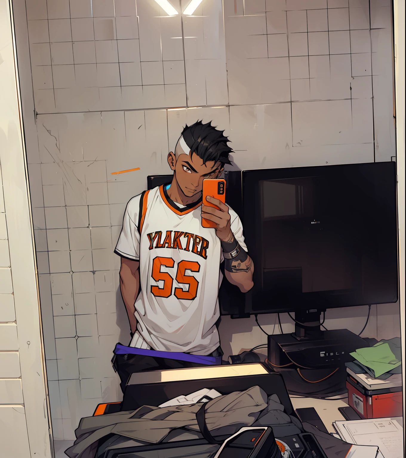 Young man with stripes on the side of his head with basketball shirt with white colors and details in black and orange cyberpunk style taking photo