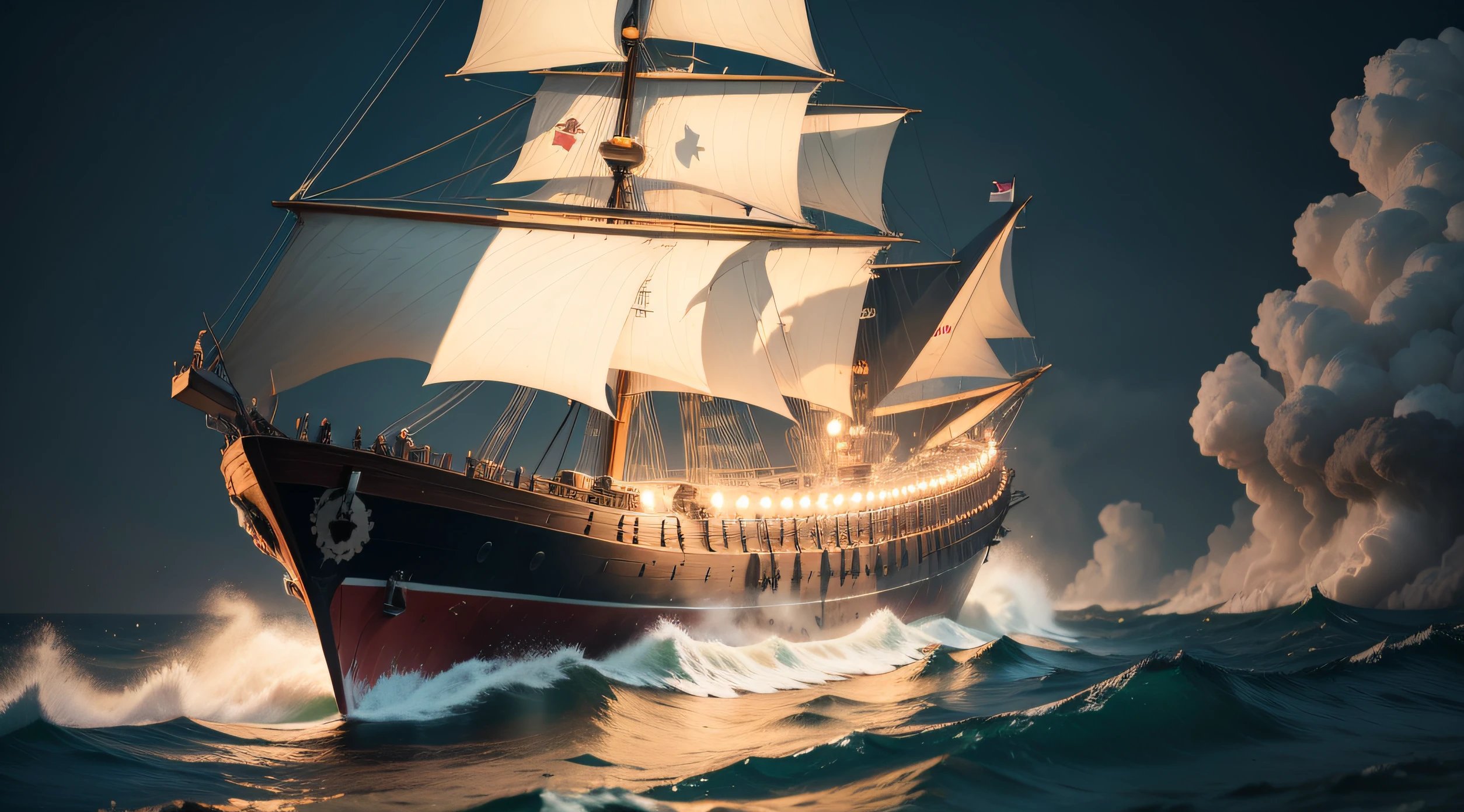 Navio Caravella, com velas, batalha naval, guerra do Paraguai, rios com ondas grandes.
