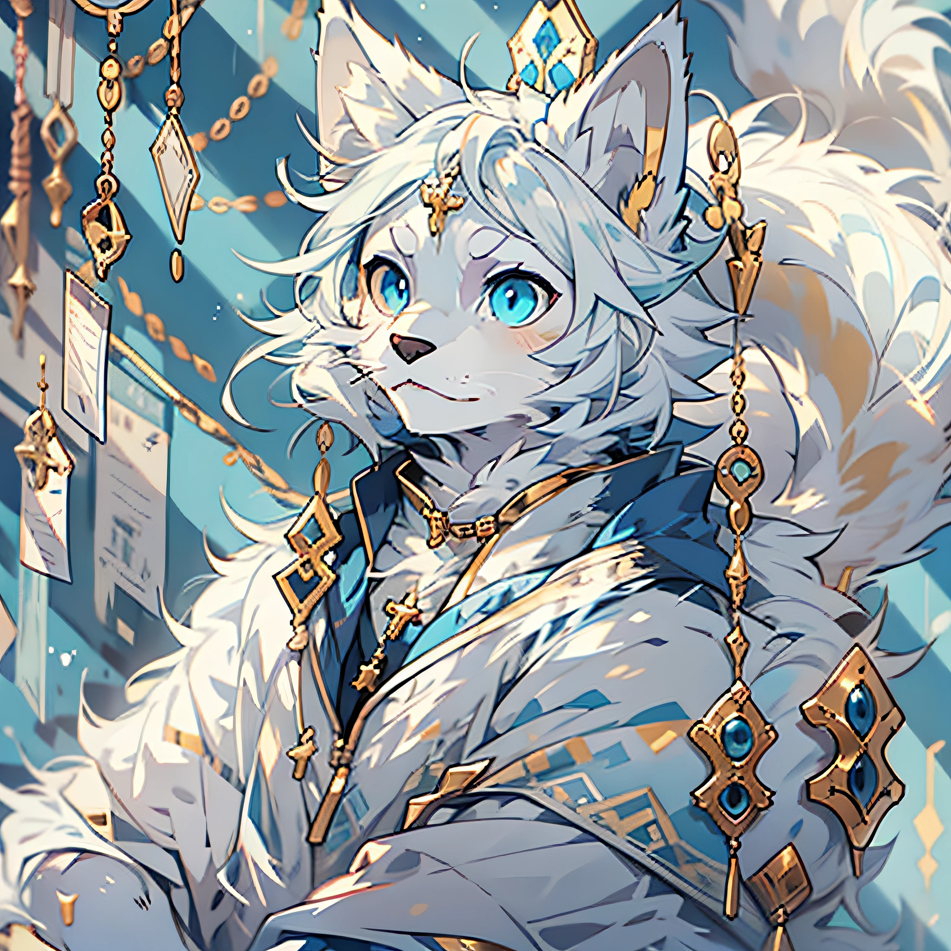 anime cat,Gold and blue eyes,White hair,The ears are blue hairs,There is a blue rosary around the neck,very very beautiful furry art