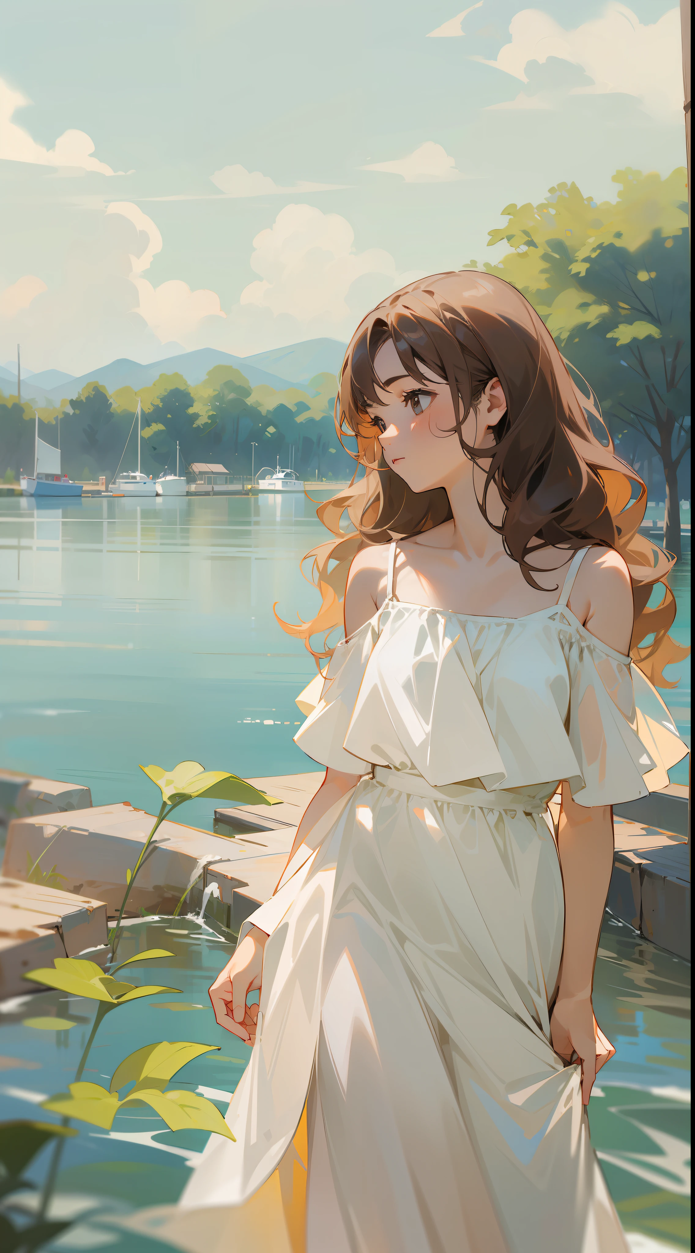 Woman with brown wavy hair bunched up、White camisole dress、waterside、View here、Shade