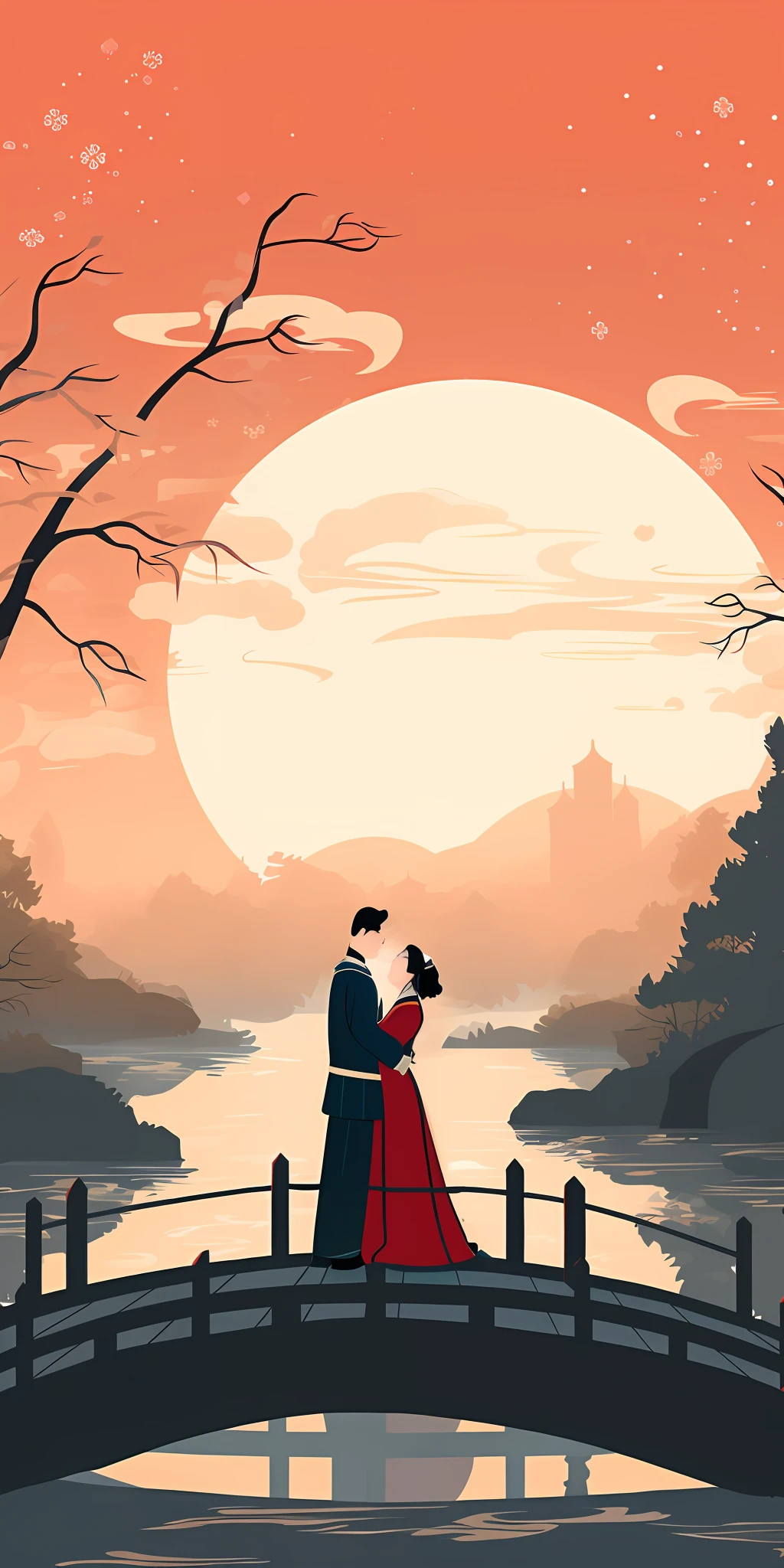 A man and a woman in Chinese Tang Dynasty dress embrace