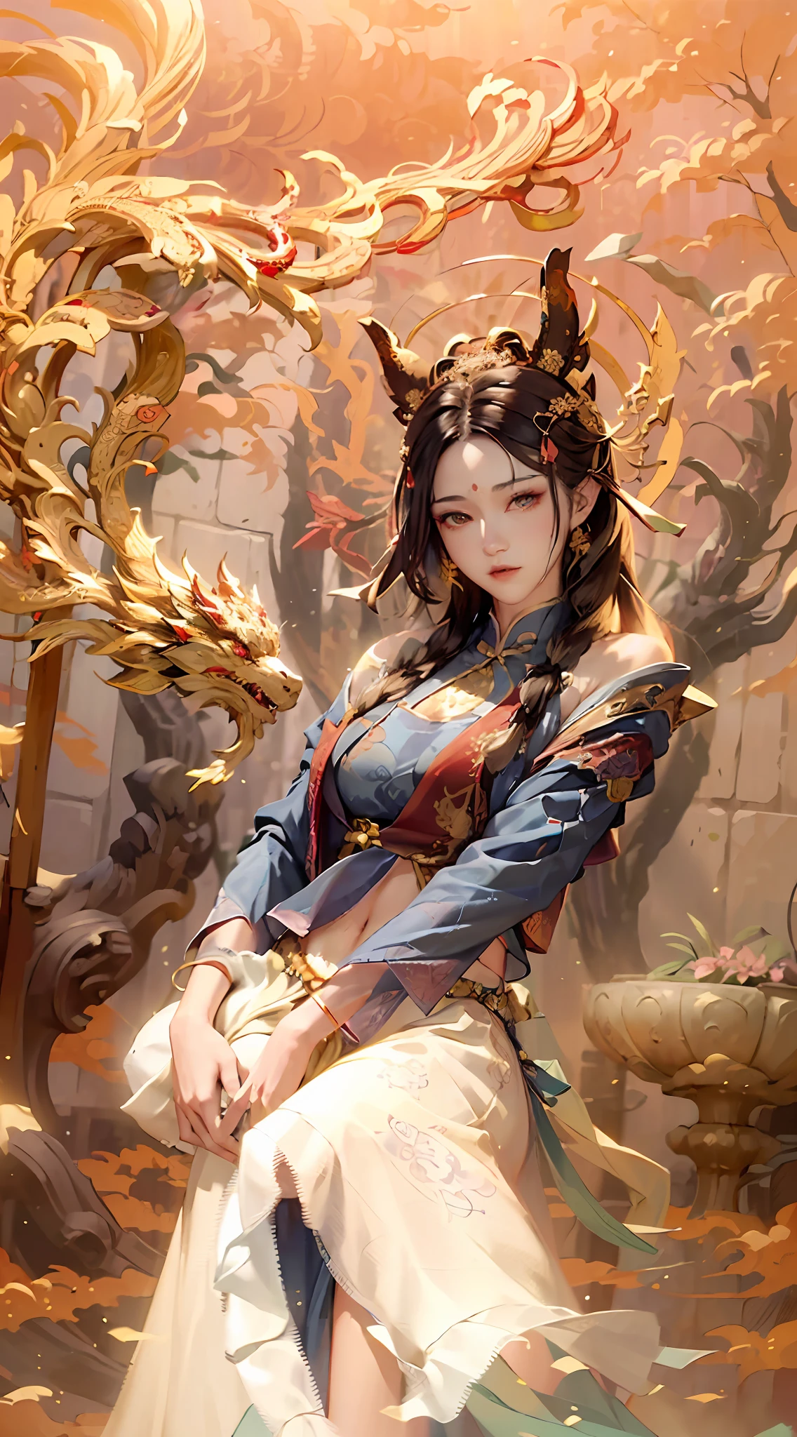 (RAW photos, best quality), (realistic, Photo Realism: 1.3), Extremely Refined and Beautiful, Amazing, Fine Detail, Masterpiece, Ultra Detail, High Resolution, (Best Illustration), (Best Shadow), Intricate, (in a crimson gold Chinese dragon, surrounded by gold dust, black flowers, trees, petals, wind, God, long wavy body, fangs, fantasy, mythology, high quality, highly detailed, masterpiece, epic, particle effects, dynamic effects, (Dragon: 1.4 in front of), clouds, storms, mountains, sunsets, clear focus, volumetric fog, 8k Ultra HD, DSLR, High quality, (Film grain: 1.4), Fujifilm XT3,Official Art, Unity 8K wallpaper, Ultra detailed, Beautiful and beautiful, Best quality, (Zen entanglement, tangled, entangled), (fractal art: 1.4), 1 girl, brunette hair, Chinese, bare shoulders, short skirt, calf, navel, very detailed, dynamic angle, denim lens, (most beautiful chaotic shape), flow, (bright colors), OC, (half: 1.2), china, (tape: 1.3), (Dream: 1.5), (Hanfu: 1.5), Chinese Dragon, (Smile: 0.5), (Chinese God), Realistic, Ultra High Resolution, Complex, Ultra Detailed, (Skin Dents), Female, Detailed Body, (Detailed Face: 1.1), (Contoured Iris), (Watercolor Lenses), (Perfect Eyes), 4K, Gorgeous, (Masterpiece: 1.2), (Best Quality: 1.2), Wide Buttocks, Thick Thighs, (Big Tits: 1.2) and (Big Tits: 1.2), Debauchery, Seductive pose.