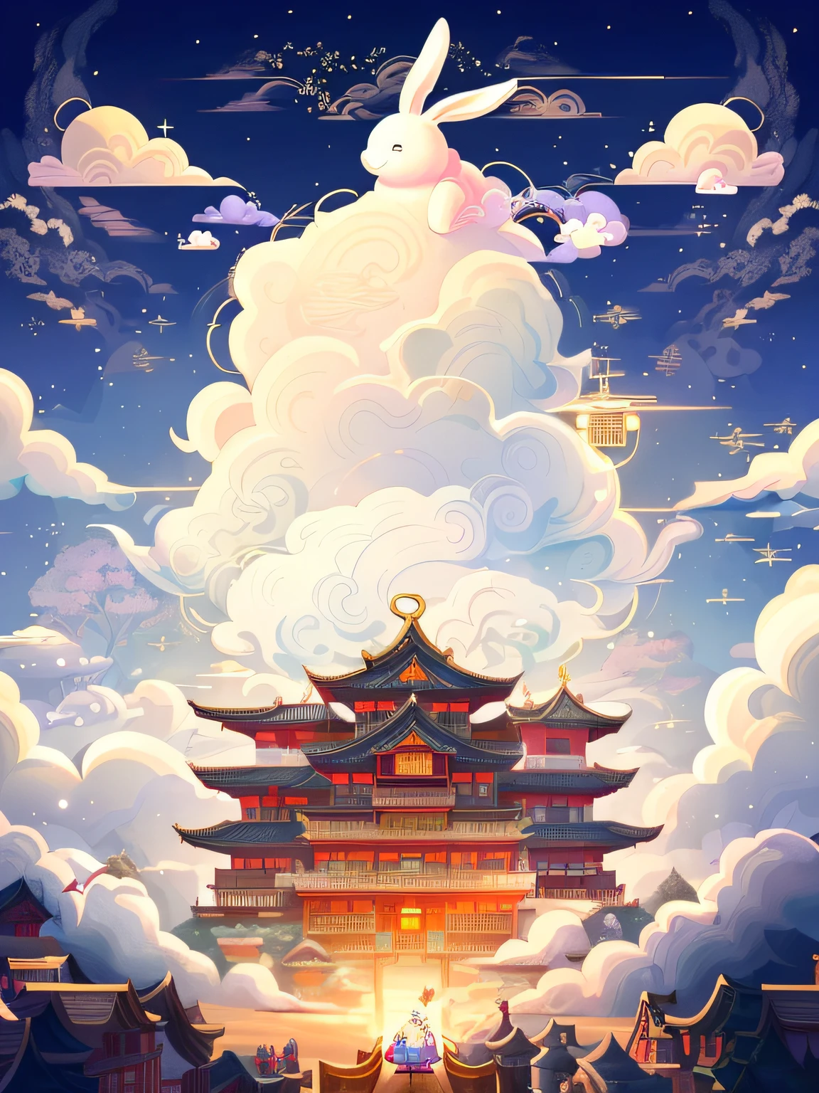 At the center of the picture is a cozy country house building,Cloud Palace has jade rabbits,Rabbit carrying mooncakes, There is Feiyun Castle, A beautiful artwork illustration, Onmyoji detailed art, ceremonial clouds, Anime Cloud, Anime fantasy illustration, arte de fundo,Anime art wallpaper 8 K, stunning art style, palace floating in the sky