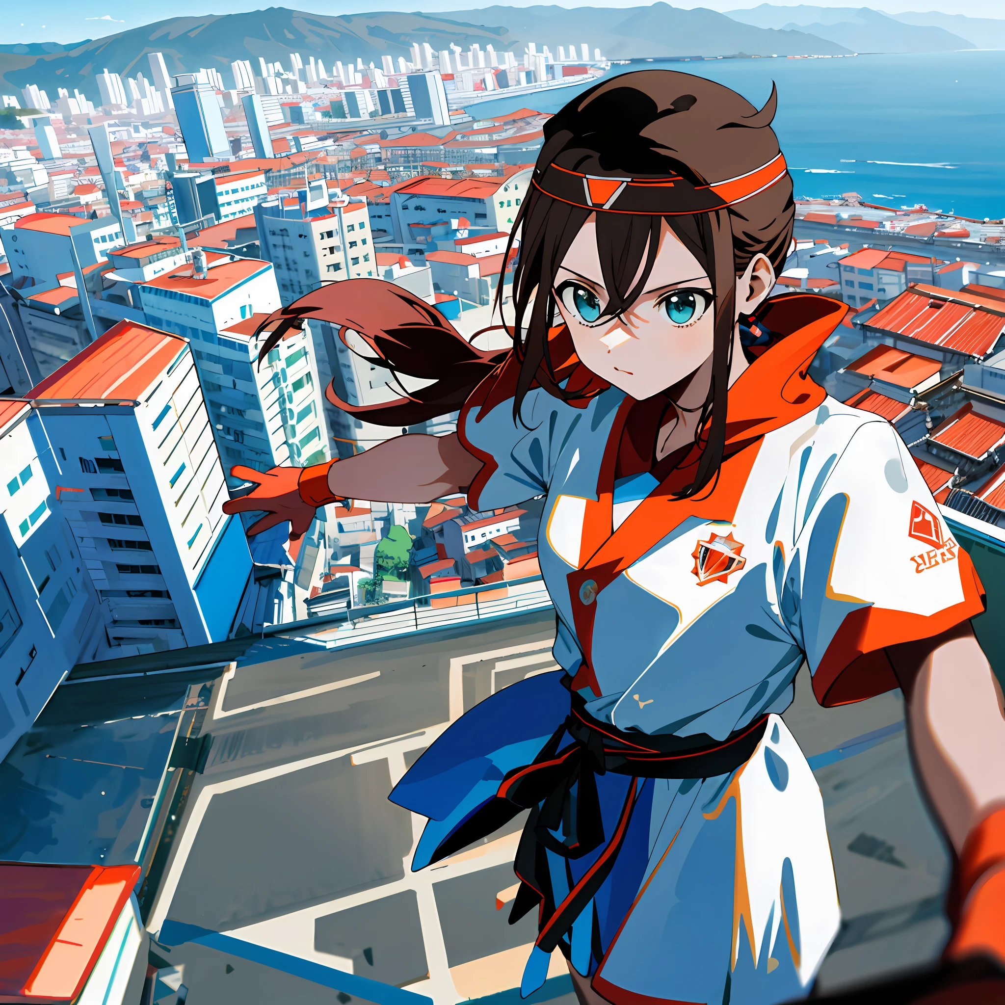 Qualidade boa estilo anime grande arena vista de cima ao redor casas de madeira estilo medical
