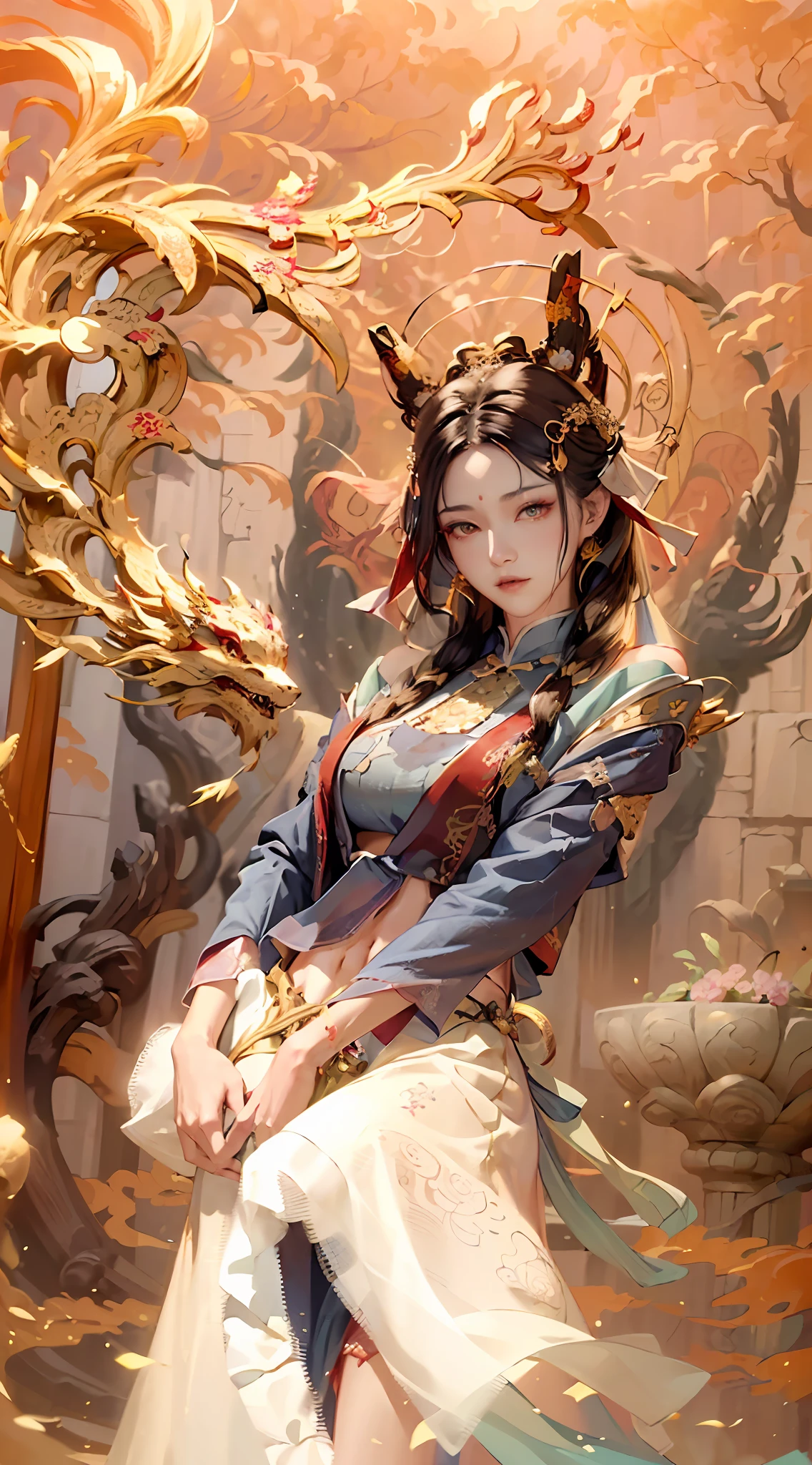 (RAW photos, best quality), (realistic, Photo Realism: 1.3), Extremely Refined and Beautiful, Amazing, Fine Detail, Masterpiece, Ultra Detail, High Resolution, (Best Illustration), (Best Shadow), Intricate, (in a crimson gold Chinese dragon, surrounded by gold dust, black flowers, trees, petals, wind, God, long wavy body, fangs, fantasy, mythology, high quality, highly detailed, masterpiece, epic, particle effects, dynamic effects, (Dragon: 1.4 in front of), clouds, storms, mountains, sunsets, clear focus, volumetric fog, 8k Ultra HD, DSLR, High quality, (Film grain: 1.4), Fujifilm XT3,Official Art, Unity 8K wallpaper, Ultra detailed, Beautiful and beautiful, Best quality, (Zen entanglement, tangled, entangled), (fractal art: 1.4), 1 girl, brunette hair, Chinese, bare shoulders, short skirt, calf, navel, very detailed, dynamic angle, denim lens, (most beautiful chaotic shape), flow, (bright colors), OC, (half: 1.2), china, (tape: 1.3), (Dream: 1.5), (Hanfu: 1.5), Chinese Dragon, (Smile: 0.5), (Chinese God), Realistic, Ultra High Resolution, Complex, Ultra Detailed, (Skin Dents), Female, Detailed Body, (Detailed Face: 1.1), (Contoured Iris), (Watercolor Lenses), (Perfect Eyes), 4K, Gorgeous, (Masterpiece: 1.2), (Best Quality: 1.2), Wide Buttocks, Thick Thighs, (Big Tits: 1.2) and (Big Tits: 1.2), Debauchery, Seductive pose.