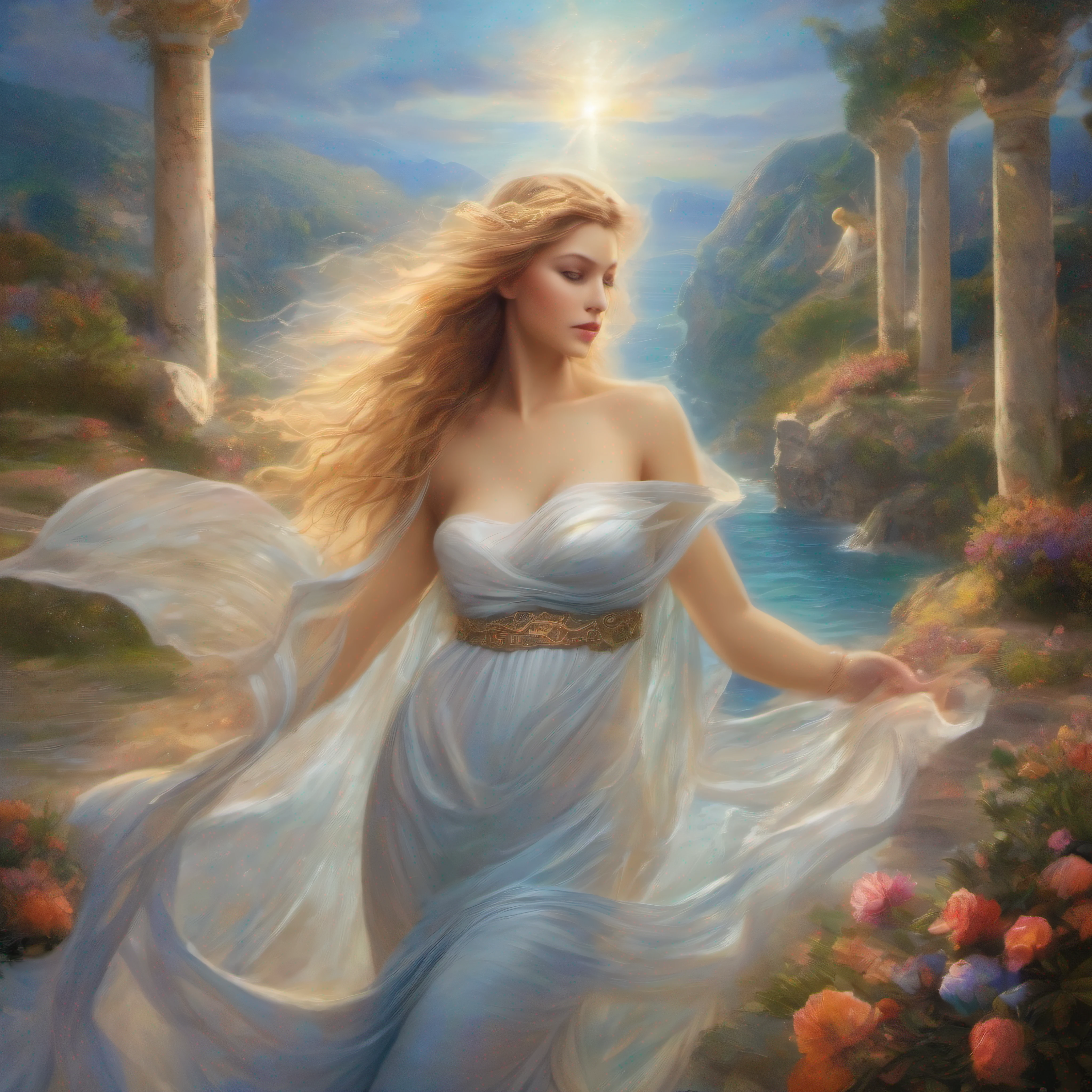 work of art inspired by the goddess Aphrodite, the personification of beauty and love in Greek mythology. Portray her as a slender and graceful figure, wrapped in a halo of divine light that enhances her enchanting aura. Your features should express serenity and power, conveying a sense of universal love and connection to nature. Use soft and harmonious colors to create an enveloping and sublime atmosphere. The image must capture the essence of Aphrodite's divinity, evoking a sense of wonder and wonder in the beholder. Remember to highlight the details that make her an inspiring muse for artists of all ages. Be creative and surprise us with a masterpiece that touches the hearts and enchants the minds of all who appreciate it.
