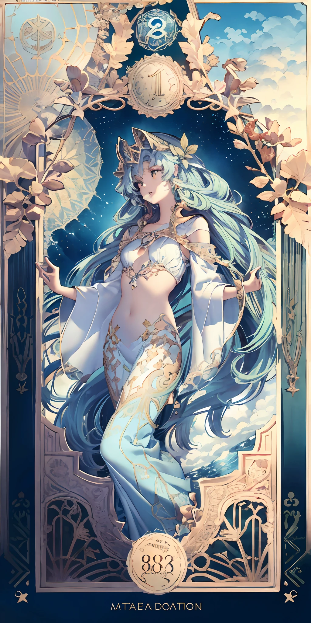 Water-patterned floral border,Poseidon the god of the sea,male people,the ocean,trident,full bodyesbian, Decorative panels, abstract artistic, Alphonse Mucha (tmasterpiece, best qualtiy, A high resolution: 1.4), A detailed, Complicated details, 4K, Color splattering, Line art, Fibonacci, starrysky, natta, exteriors, Clouds, Reflectors, Eau, magick, (tarot cards),Cards, ((beautiful golden crystal star)) buliding, palaces, Patterned, Sumeru, Clouds, themoon
