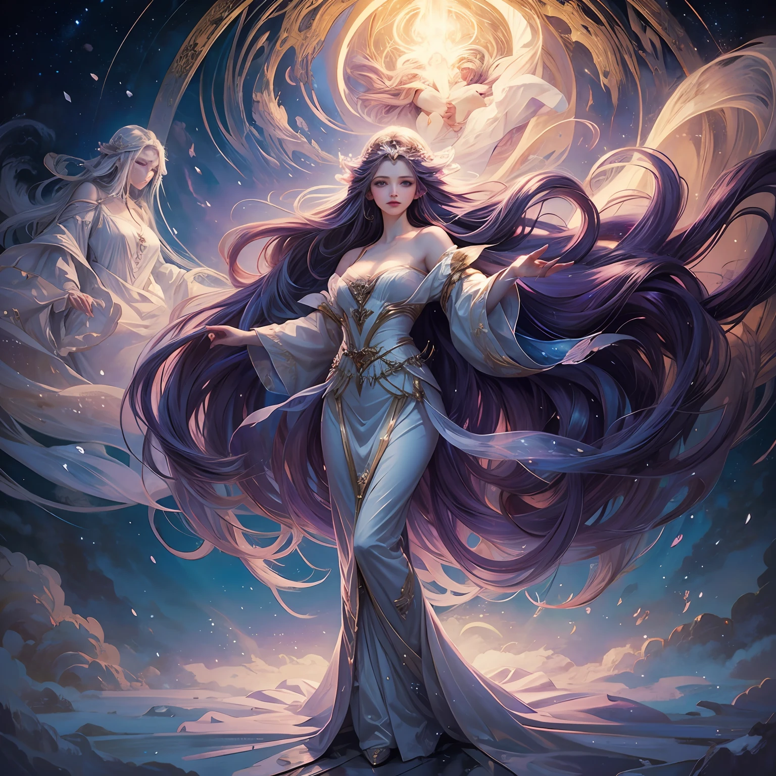 ethereal goddess, ethereal white robes flowing gracefully, long flowing hair glowing with a celestial light, radiant and serene expression, standing on a mountaintop covered in fluffy clouds, surrounded by celestial beings, a soft and warm color palette of pinks and purples, capturing the divinity and beauty of the goddess, in a style reminiscent of classical Renaissance paintings. --ar 9:16 --v 5.2