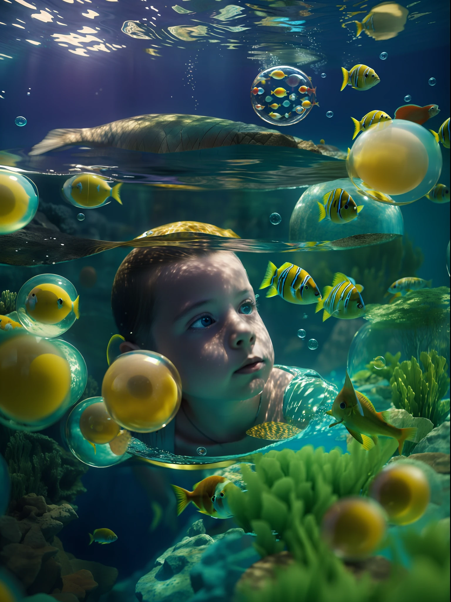 n underwater scene where fish swim, in the style of Rene Magritte, A kid watches in wonder from his bubble, Colorful bubbles, Close-up shot of the kid amidst this surreal scene, Rendered by Alec Soth with unreal engine 5, Luminism, cinematic lighting, retina, textured skin, anatomically correct, best quality, award winning