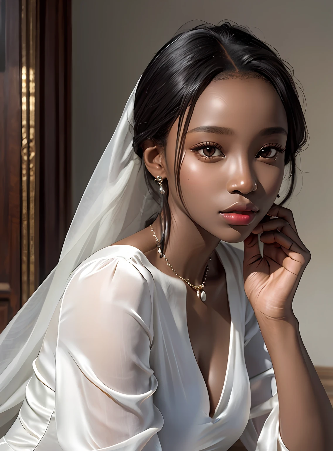 Photorealistic Beautiful black girl，African girl，Thin，Dark  skin，Wearing a long white silk dress，In the manor，Strong gaze，ultra-realistic realism，full bodyesbian