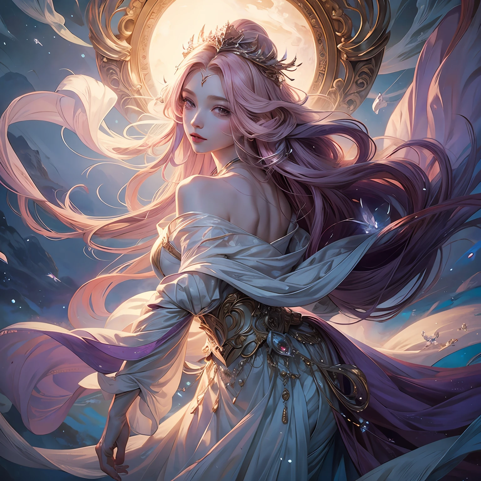 ethereal goddess, ethereal white robes flowing gracefully, long flowing hair glowing with a celestial light, radiant and serene expression, standing on a mountaintop covered in fluffy clouds, surrounded by celestial beings, a soft and warm color palette of pinks and purples, capturing the divinity and beauty of the goddess, in a style reminiscent of classical Renaissance paintings. --ar 9:16 --v 5.2
