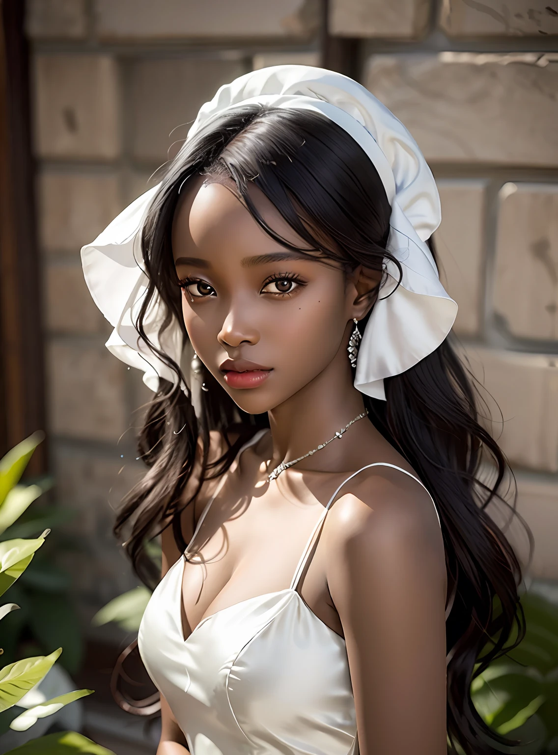Photorealistic Beautiful black girl，African girl，Thin，Dark  skin，Wearing a long white silk dress，In the manor，Strong gaze，ultra-realistic realism，full bodyesbian