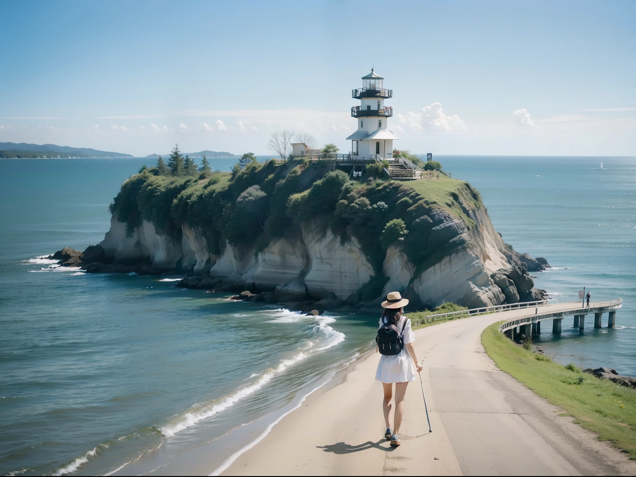 Transportation, Leisure, Women, Entertainment, Rear view, Outdoor, travel, Watchtower, water, shoreline, Seaside, Watching, Road, hiking