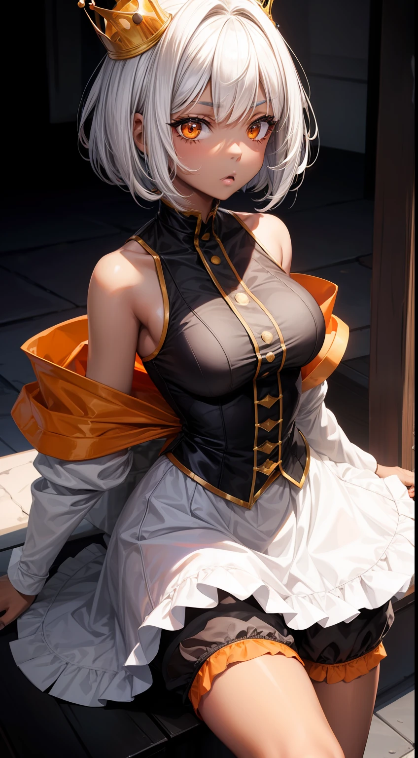Young black girl, black skin, white colored hair, Bob hairstyle, Orange Eyes, Princess green clothes, Sleeveless, pantyhouse, crown, shorts, open breasts, anger, Masterpiece, hiquality
