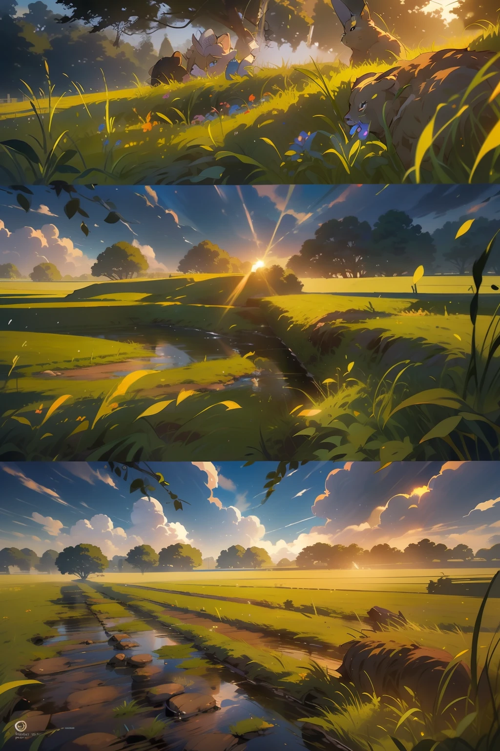 Rural fields,the setting sun,Crepuscular Rays,blue color eyes,ricefield,volumettic light,Perspective composition,grassy fields,8K,Cinematic lighting effects,Textured skin,best qualtiy,Storytelling images,Ambient lighting,dynamic blur,tmasterpiece,A masterpice,
