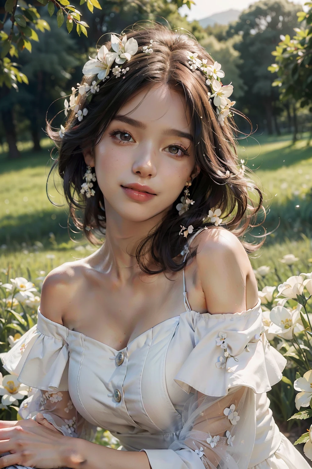 Best quality, masterpiece, ultra high res, (photorealistic:1.4), raw photo, 1girl, white dress, off shoulder, blossom flower field, glowing skin, light smile