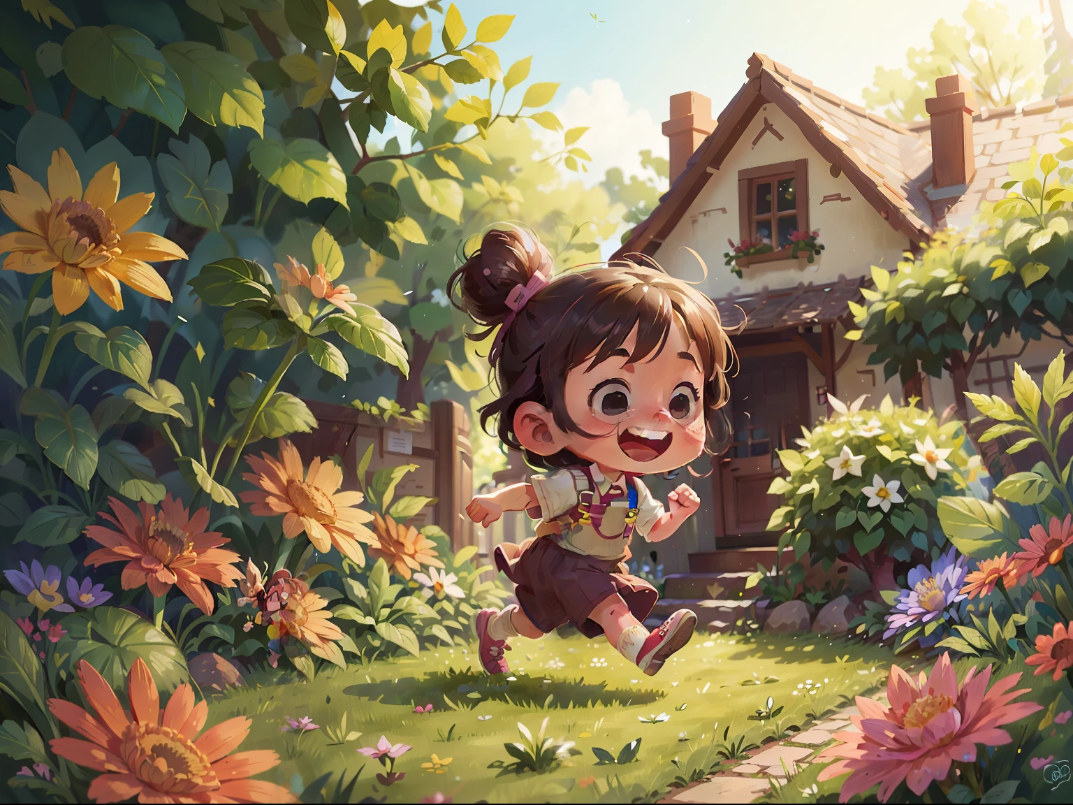 A 6-year-old girl is running in a garden, she is wearing gardener's clothes, is happy, laughing, perfect quality, clear focus (mess - house: 0.8), (masterpiece: 1.2) (Realistic: 1.2) (Bokeh) (Best quality) (Detailed Skin: 1.3) (Intricate Details) (8K) (Eye Detail) (Sharp Focus), (Happy)