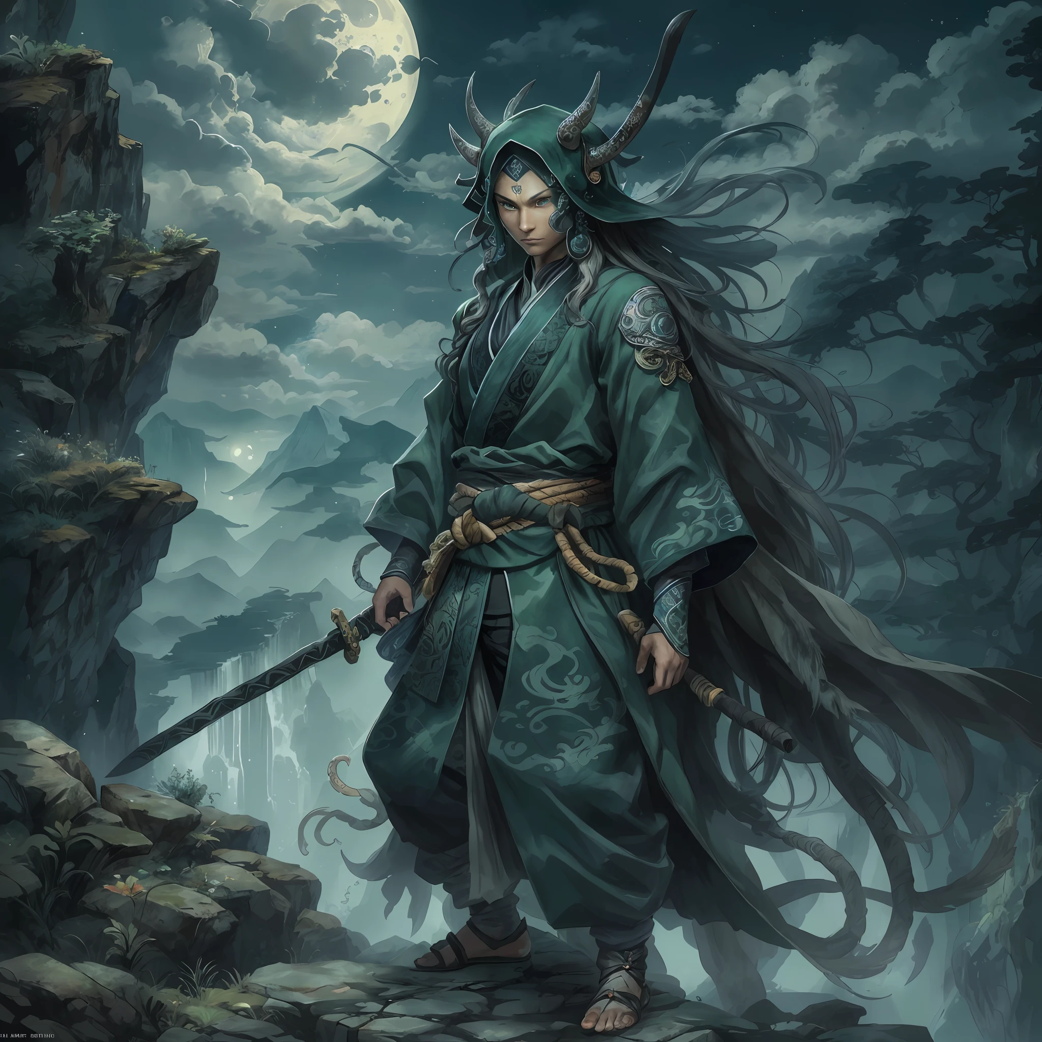 mystic ninja,Detailed face,Detailed eyes,Clear eyes,Gui Zen,Exotic beasts of mountains and seas,Dark green and black details, Loose and thick clothing covers the body,standing on cliff,Bask in the luxury of Yoshitaka Amano in the moonlight,fanciful,sci-fy,the complex background(full bodyesbian),((dynamicposes)),Colorful wallpapers,Highly detailed,Masterpiece,best qualtiy,art stations