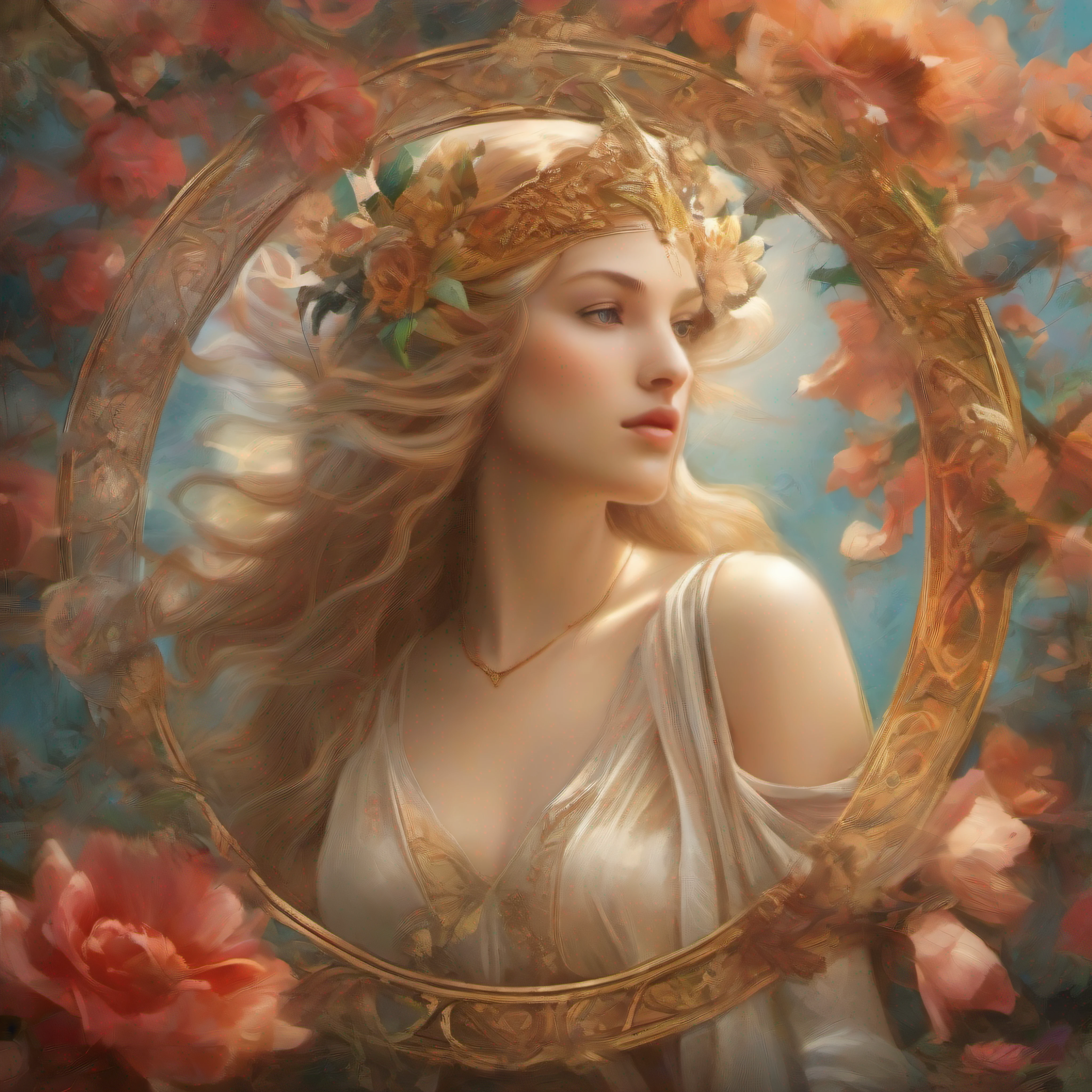 work of art inspired by the goddess Aphrodite, the personification of beauty and love in Greek mythology. Portray her as a slender and graceful figure, wrapped in a halo of divine light that enhances her enchanting aura. Your features should express serenity and power, conveying a sense of universal love and connection to nature. Use soft and harmonious colors to create an enveloping and sublime atmosphere. The image must capture the essence of Aphrodite's divinity, evoking a sense of wonder and wonder in the beholder. Remember to highlight the details that make her an inspiring muse for artists of all ages. Be creative and surprise us with a masterpiece that touches the hearts and enchants the minds of all who appreciate it.