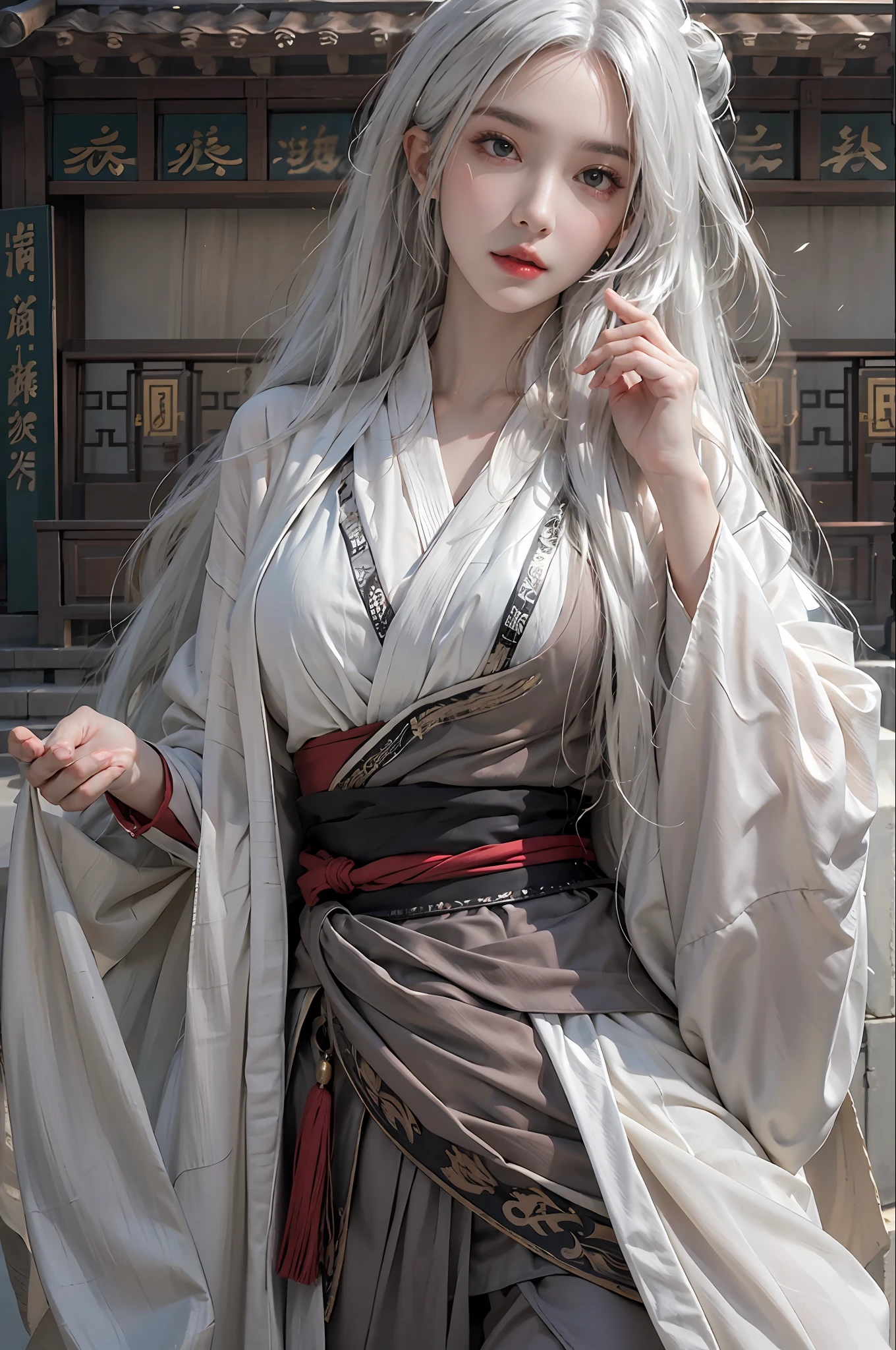 photorealistic, high resolution, 1women, solo, hips up, look at viewer, (detailed face), white hair, long hair, Taoist robe,oversized clothes
