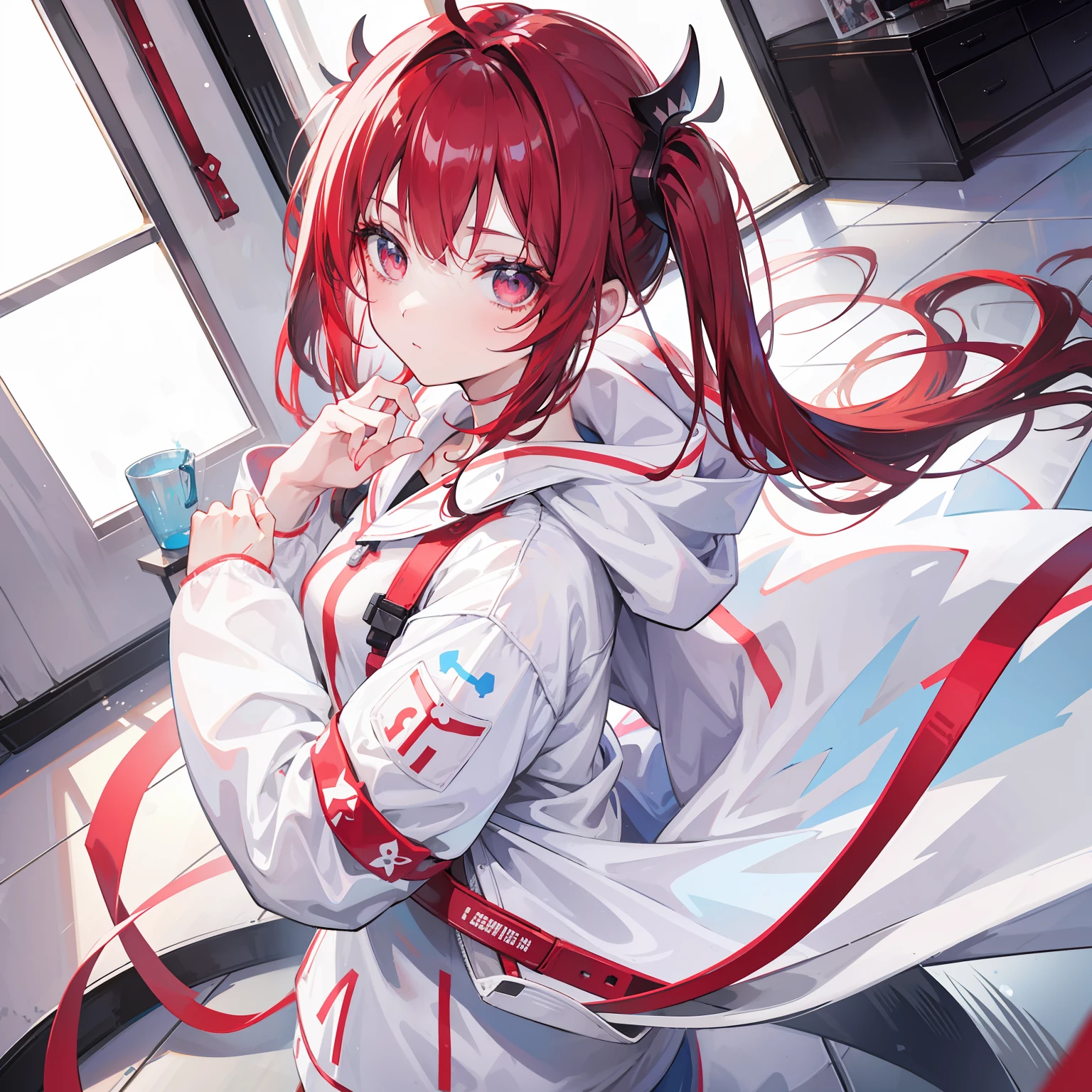 s girl,White pajama technology,Red left eye,The right eye is blue,self-assured,sci-fy,brunette color hair,full bodyesbian,sci-fy,long whitr hair,Sideways,