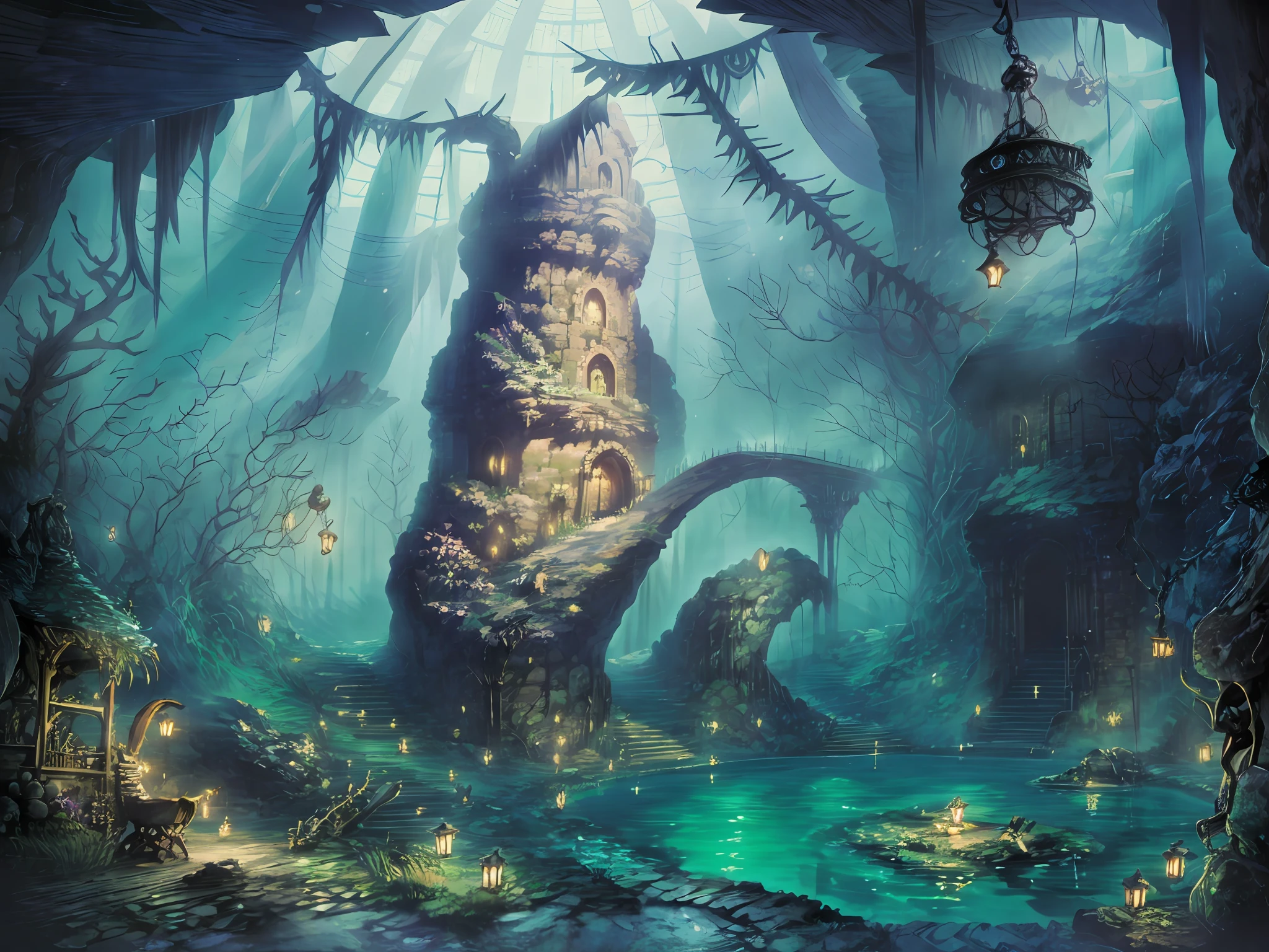 aestheticism,Surreal forest,Dreamy light and shadow,(dreamgirl:1.2),Long-horned elk,eBlue eyes。Tyndall Light,a sense of atmosphere,Yellowish green next to the swimming pool,Surround fireflies,A beam of light in a cave。hyper HD,Girl in white dress,Fairy air fluttering,Vine bridges span。A beautiful monster flew in the air。