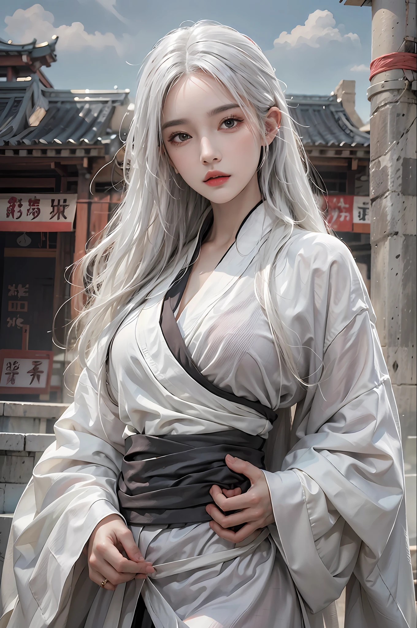 photorealistic, high resolution, 1women, solo, hips up, look at viewer, (detailed face), white hair, long hair, Taoist robe,oversized clothes