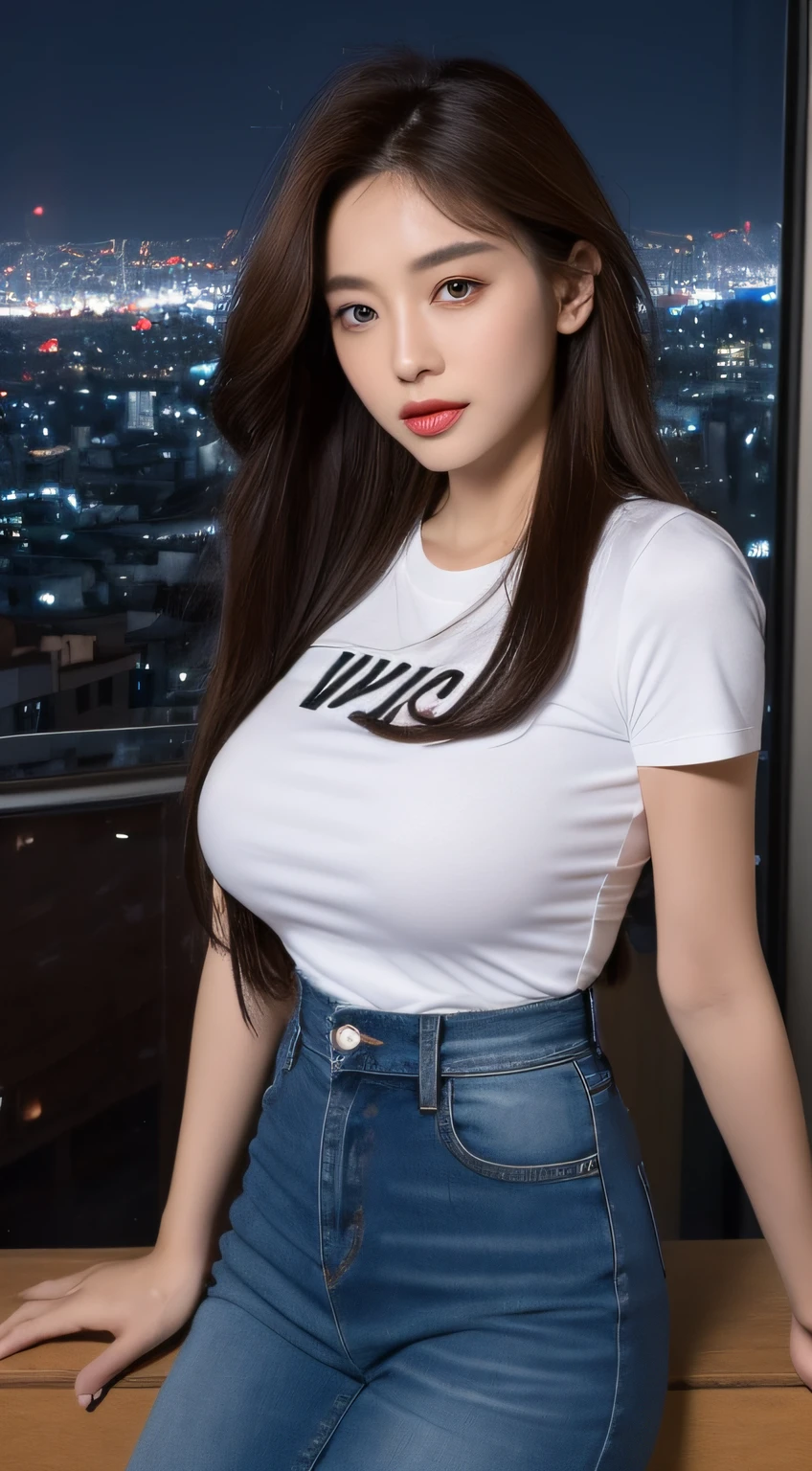 ((Midnight, Best quality, 8k, Masterpiece :1.3)), Whole body, Long legs, Sharp focus :1.2, A pretty woman with perfect figure :1.4, Slender abs :1.1, ((Dark brown hair, Big breasts :1.2)), (White tight tshirt, Jean bib, Standing:1.2), ((Night city view, Rooftop:1.3)), Highly detailed face and skin texture, Detailed eyes, Double eyelid