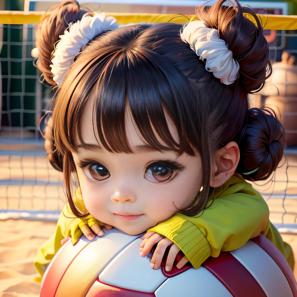 4K HD quality，Ridiculous scene details，Double bun and bangs，Elaborate Eyes，Very happy，A cute chubby  girl，Play volleyball，Lots of cute red pandas around