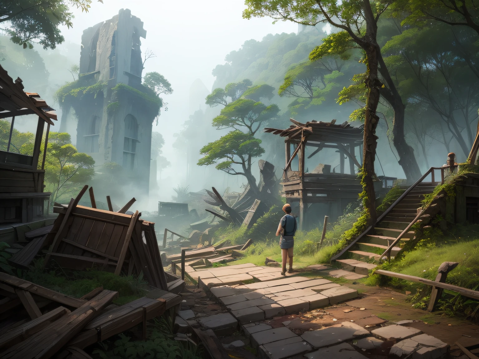 Crumbling wooden ruins in the rainforest