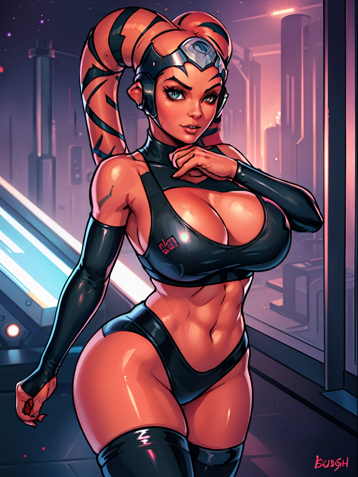 1girl, lithe Twi'lek babe with gigantic tits, busty, cleavage, , masterpiece, best quality, high-definition, ((red skin), twi'lek), evil space knight, space ninja, (wearing black sports bra, leggings, ((busty)), slender body, thin, slim sexy body, slim waist, (((huge breasts)))), futuristic gym,, Star Wars, dancer,
