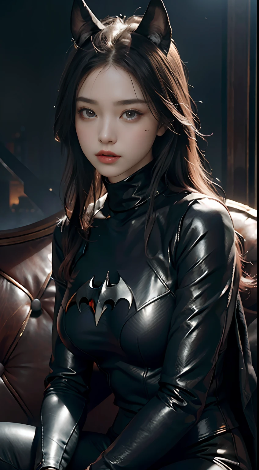 primitive,tmasterpiece,ultra fine photos,,best qualtiy,超高分辨率,Photoreality,rays of sunshine,full-body portraits,stunningly beautiful,,dynamicposes,Chinese beautiful woman,Vibrant eyes,(seen from the side),She wears a futuristic Batman costume,tight leather pants,turtleneck top,cropped shoulders,Batman ears,Sit on a leather sofa,very highly detailed background,detailed face with,Detailed and complex busy background,Untidy,opulent,milkyW,Highly detailed skin,Realistic details of skin,Visible Pore,tack sharp focus,volume fog,8K UHD,digital SLR camera,high qulity,filmgrain,White skin of the,photo-realism,DL,Huge metropolis in a dystopia of the future , look from down, semi transparent