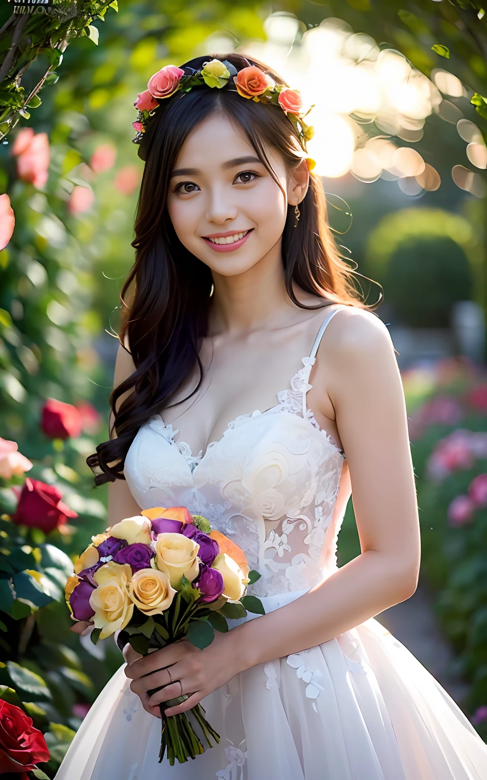 ((((Depth of field))),((((Sunset backlit),((Slim body)))),20 years old, twilight rays, lace wedding dress, flower crown, (((Rose tunnel))), rose front blur, bokeh, photorealistic, surrounded by colorful roses, ((smiling)))))), (mouth closed)))),(1 girl), ( Sunset:1.3), (8k, RAW photography, best quality, masterpiece:1.2), (realistic, photorealistic:1.37), best quality, ultra high resolution,(standing in a flower garden:1.3), (vivid and colorful:1.3)