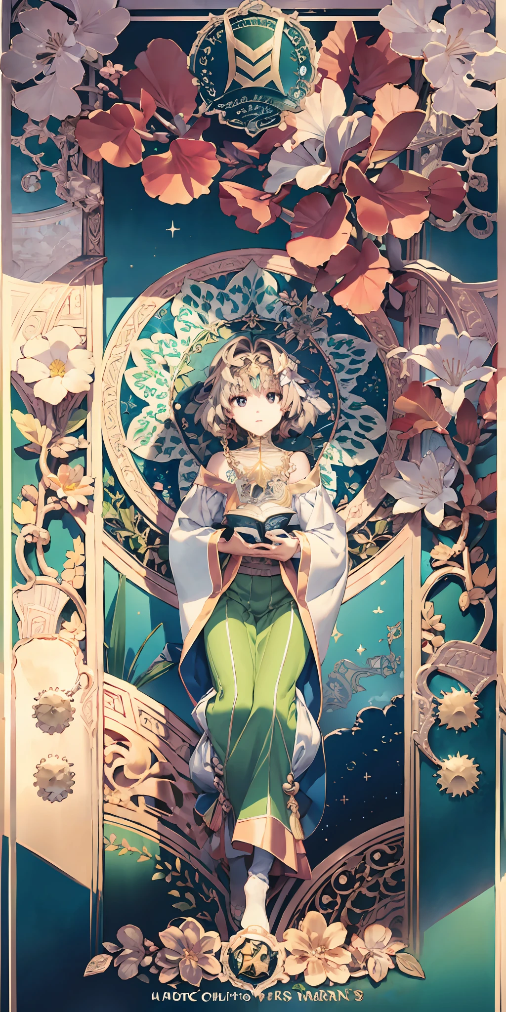 Leprechaun Ninve,full bodyesbian,Flower frame,Decorative panels, abstract artistic, Alphonse Mucha (tmasterpiece, best qualtiy, A high resolution: 1.4), A detailed, Complicated details, 4K, Color splattering, Line art, Fibonacci, starrysky, natta, exteriors, Clouds, Reflectors, Eau, magick, (tarot cards),Cards, ((beautiful golden crystal star)) buliding, palaces, Patterned, Sumeru, Clouds, themoon