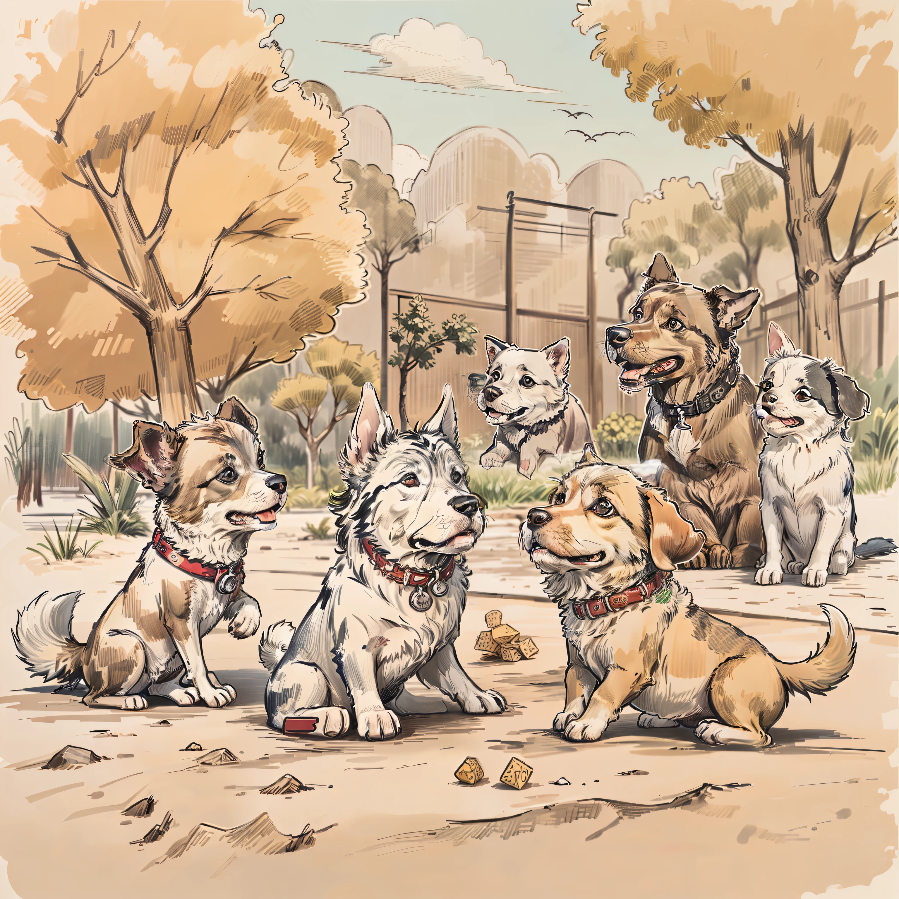 Cartoon Design, estilo pencil sketch, coloreado a mano con diversos tonos, representando a un cachorro de raza jugando feliz en un parque.