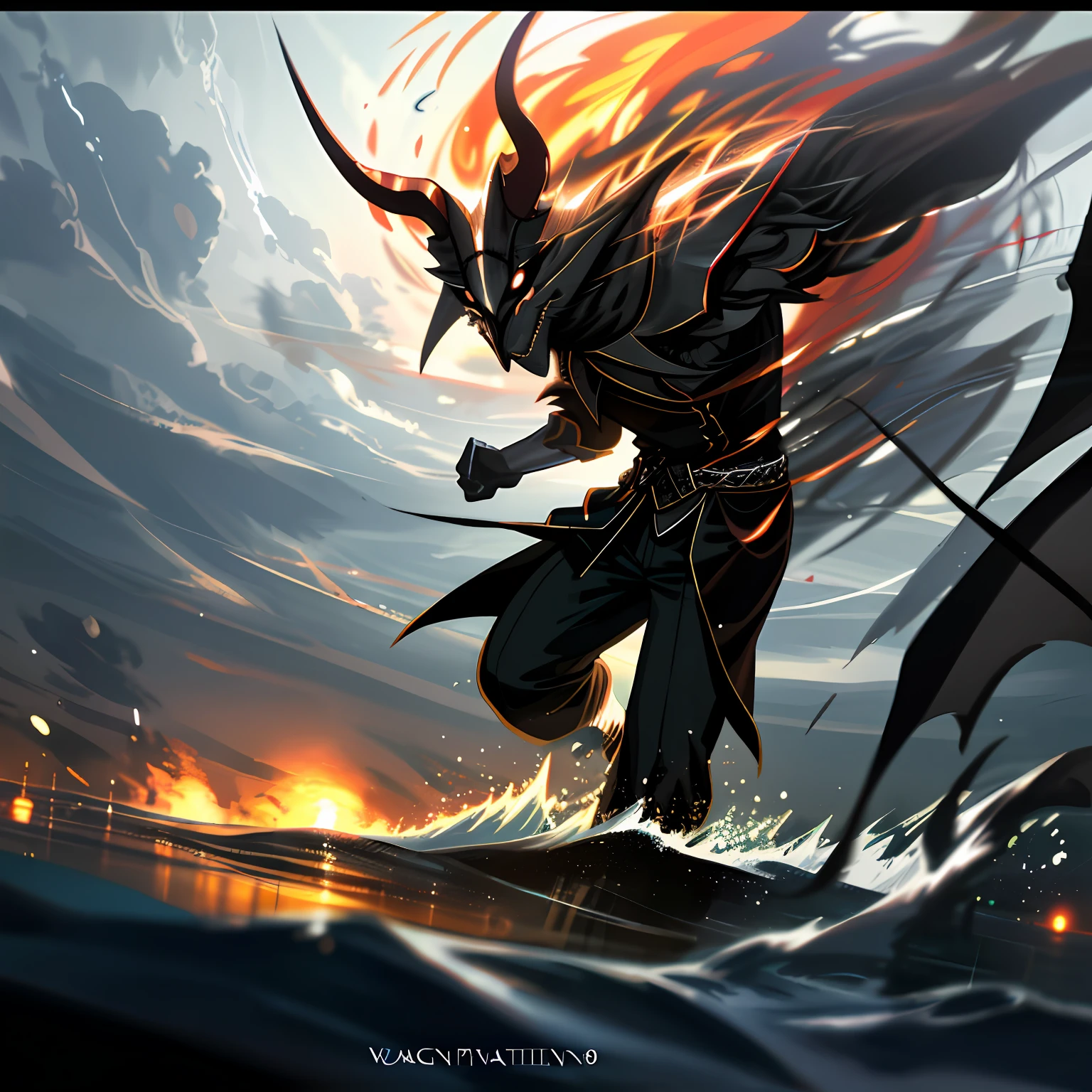 The devil walks on the water in a storm, tmasterpiece, best qualtiy, high qulity, Extremely detailed CG unit 8k wallpaper, award winning photography, Bokeh, depth of fields, hdr, flood, color difference, realisticlying, The is very detailed, Popular on artstation, Popular on CGsociety, 复杂, high detal, dramatics, Art on the go, Volumetriclighting