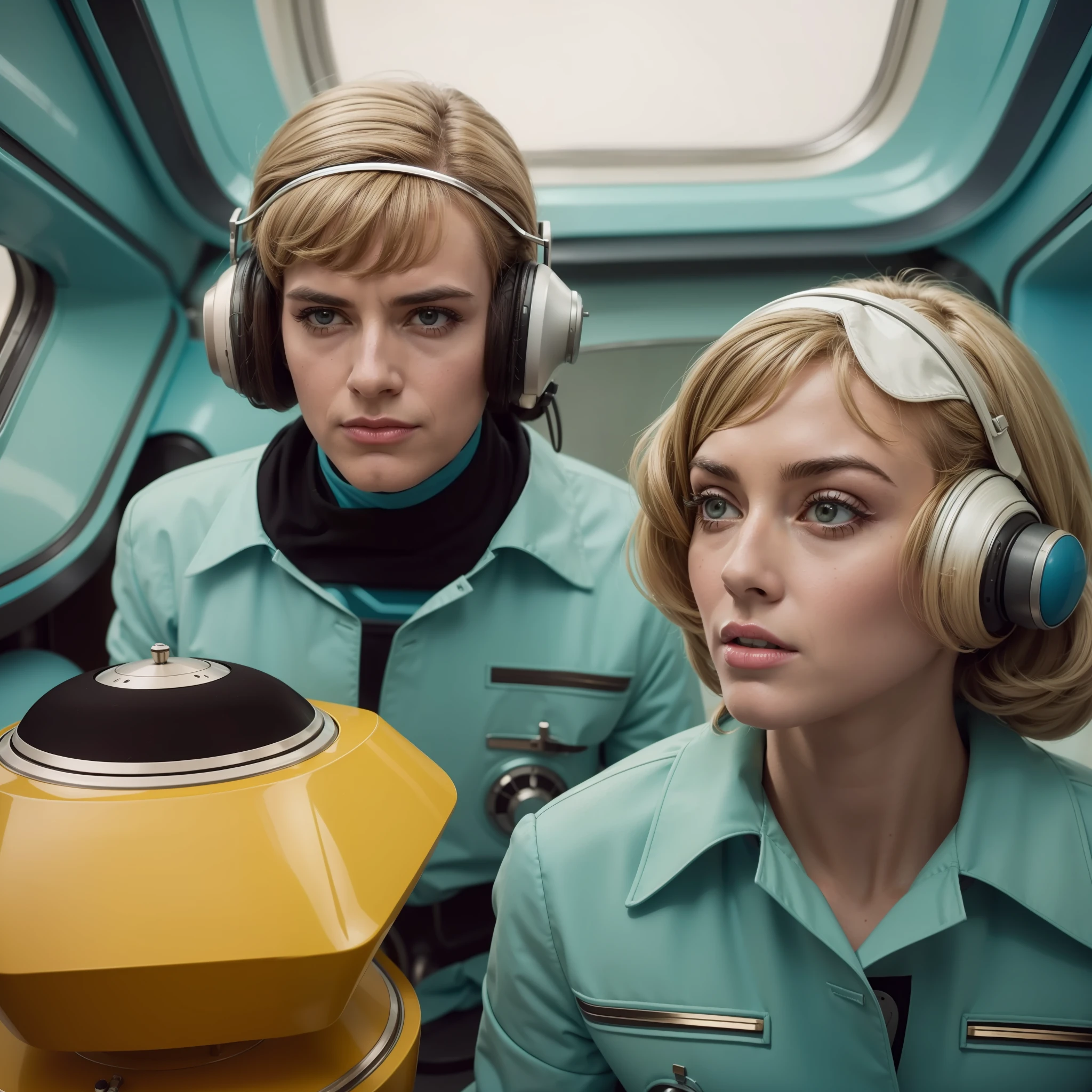 4k image from a 1960s science fiction film by Wes Anderson, Filme O Grande Hotel Budapeste, pastels colors, people wearing retrofuturistic alien masks and holding colorful suitcases and chests on the bus, Retro-futuristic fashion clothes from the 60s with old robots, Luz Natural, Psicodelia, futurista estranho, retro-futurista, photo-realistic, Sharp background details.