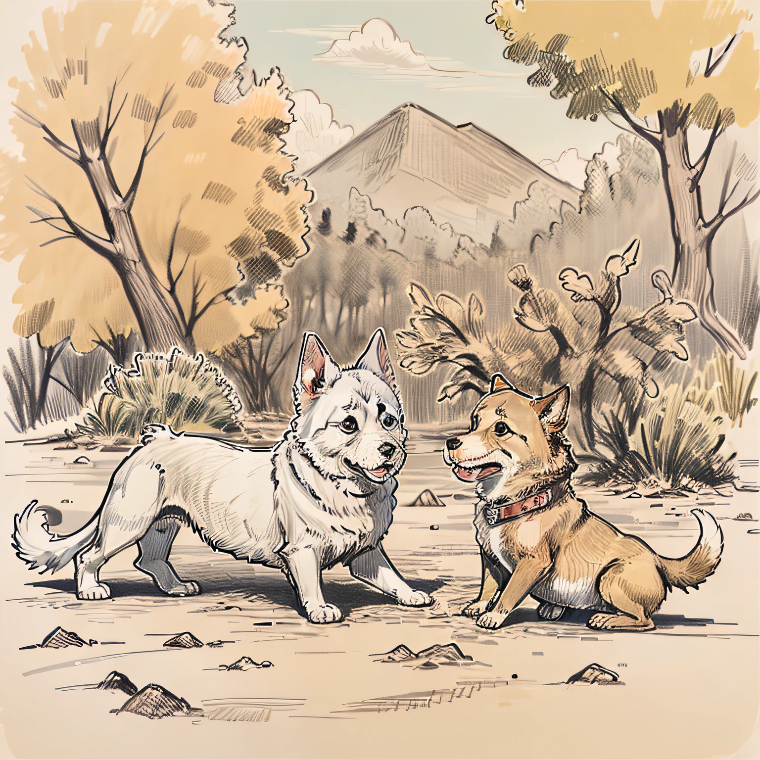 Cartoon Design, estilo pencil sketch, coloreado a mano con diversos tonos, representando a un cachorro de raza jugando feliz en un parque.