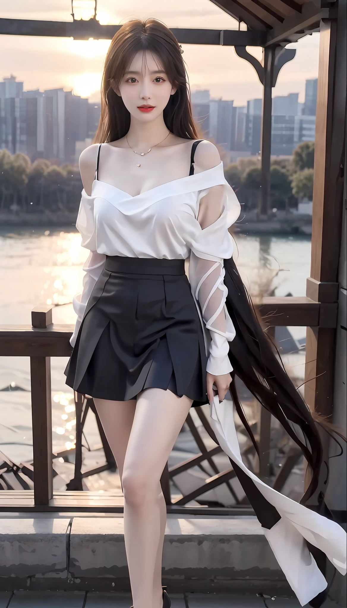 Masterpiece,Best quality,offcial art,on focus,Full body photo(FLS),Full-HD,1080p,2K,4K,8K,Mind-bSoft illuminationlowing Details,unfathomed,Leica camera,full lenght shot(FLS),Cute,Golden ratio,gentle illumination,absorption。ultra - detailed,extremely detaile,Beautiful Meticulous Girl,1girll,(perfect female shape),full bodyesbian,a skirt,Long legs,No chest baring,The background is on the bridge。