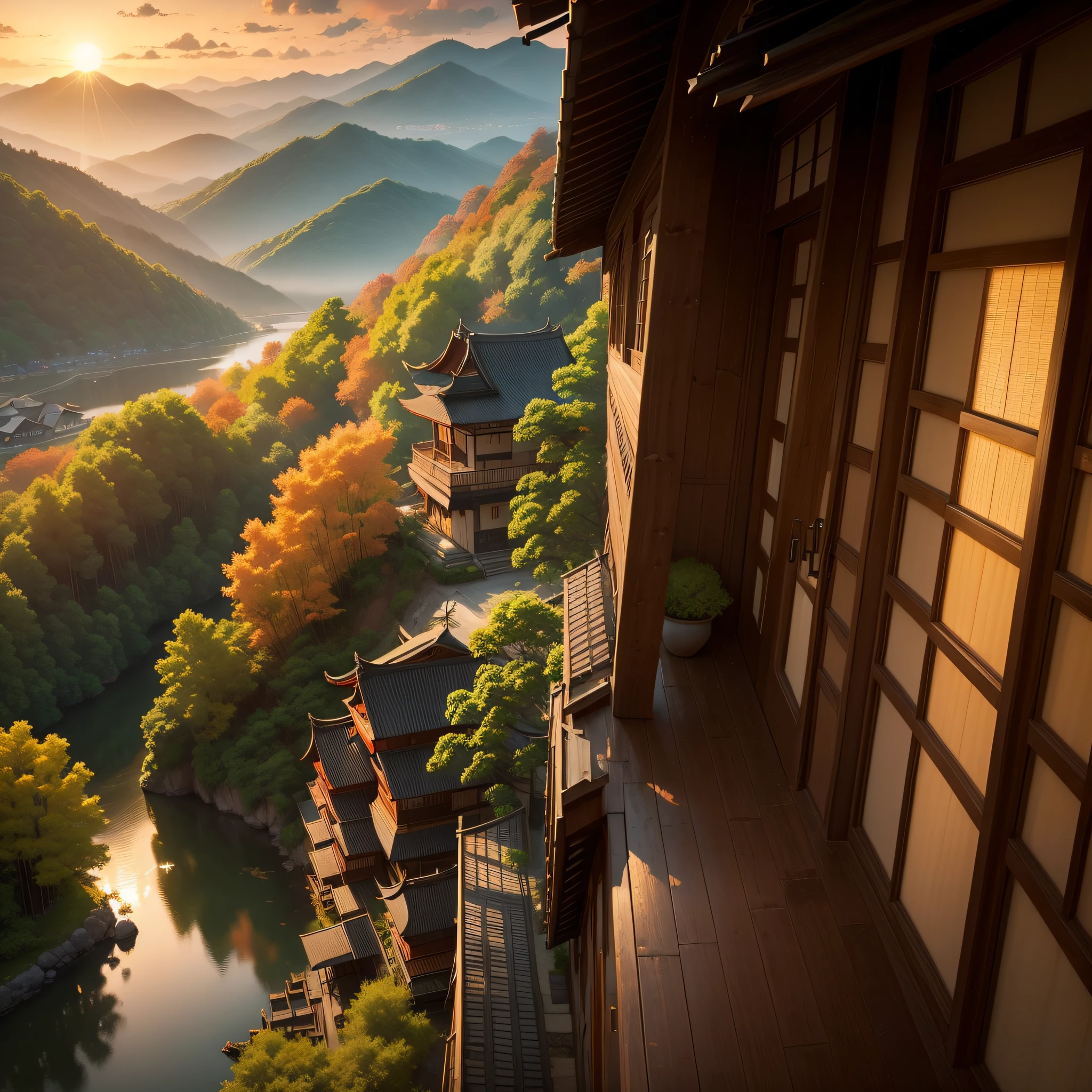 Pure landscape view,vale、Detached bamboo house、Sunset Villa、It was raining lightly outside、bamboos、maple leaves、Heal the beautiful landscape。evening light、Beautiful artistic conception、the sunset、precipice、Beautiful view of autumn