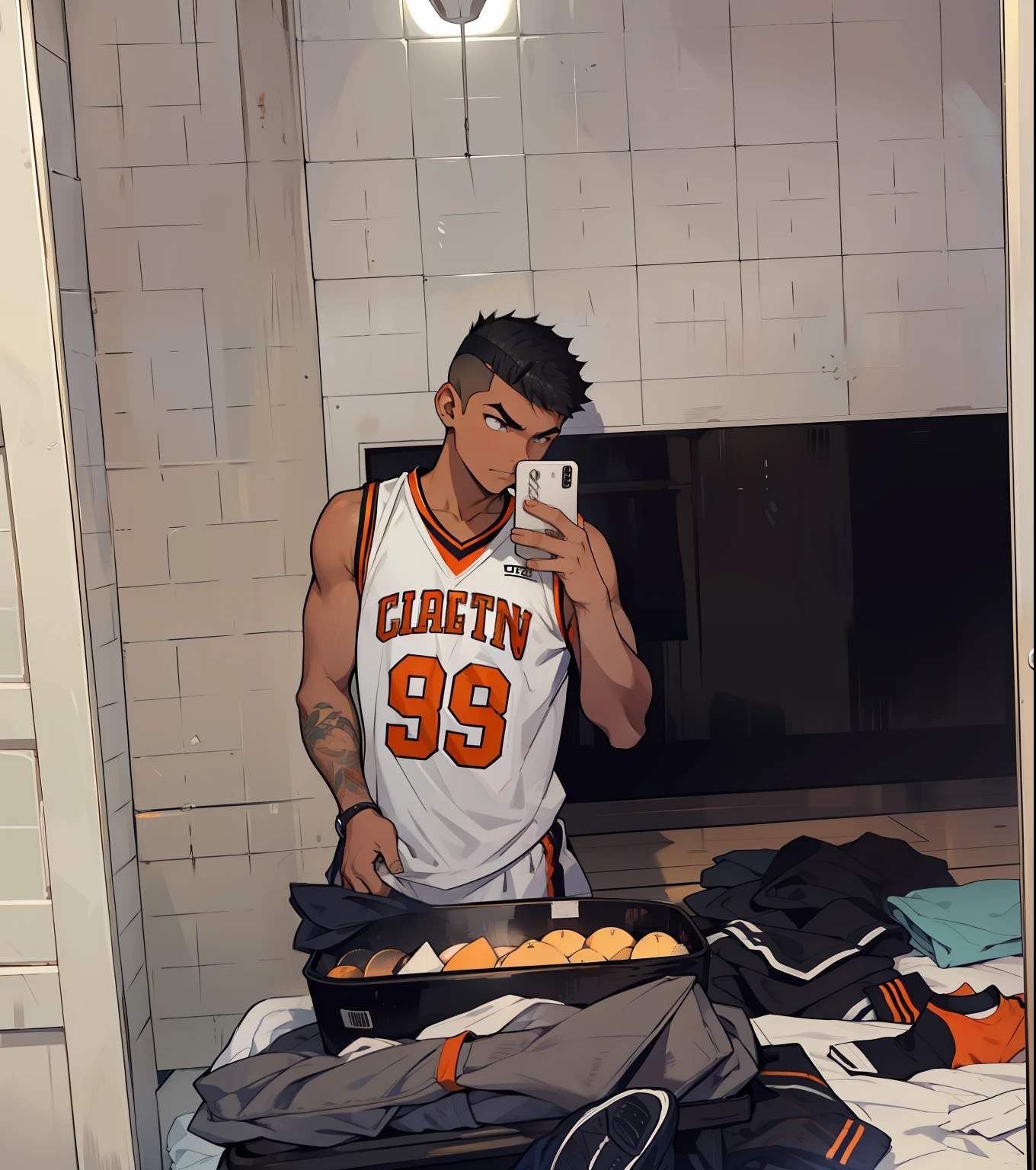Young man with stripes on the side of his head with a fringe with basketball shirt regatta with white colors and black and orange details taking photo
