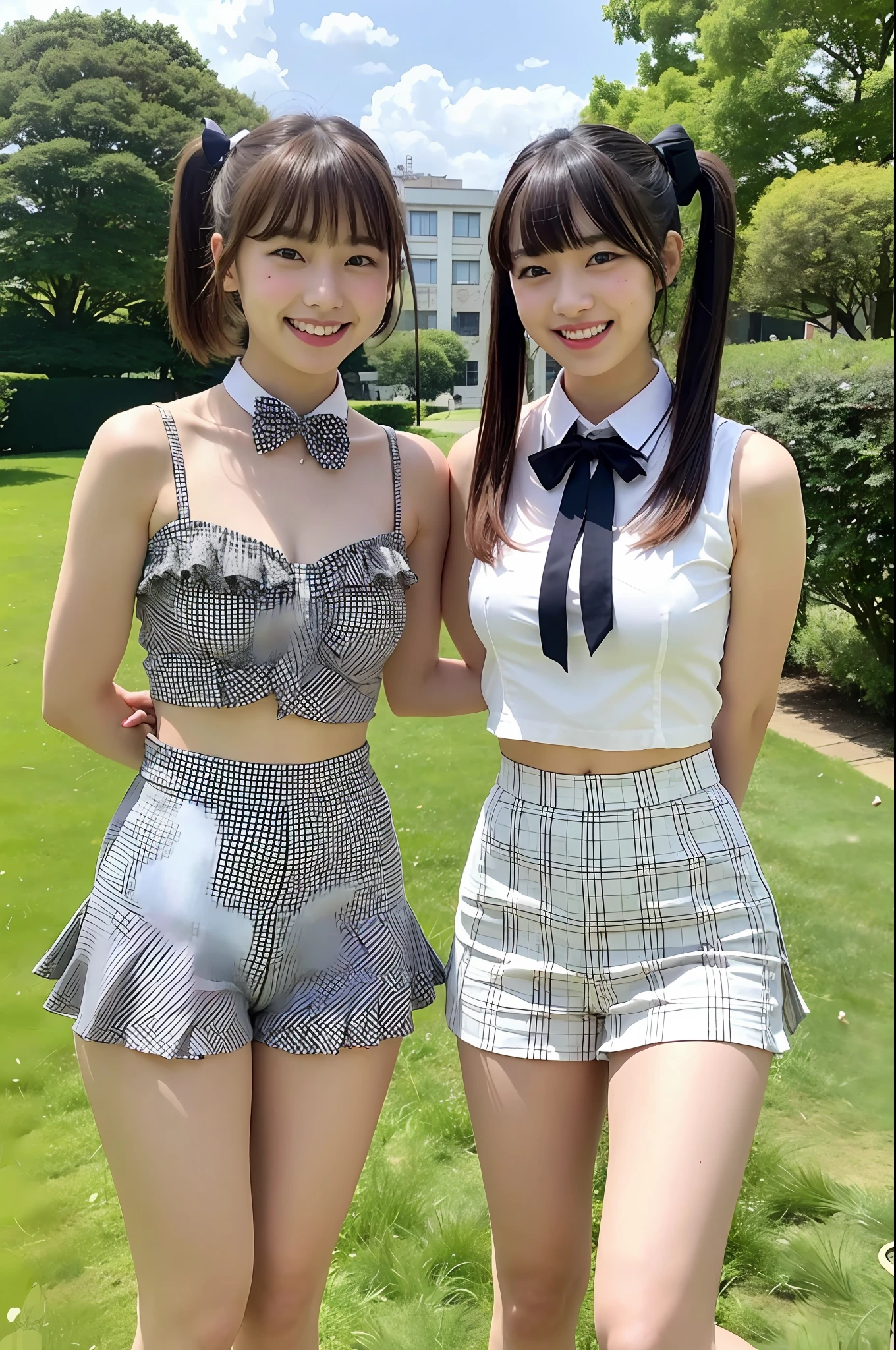 2 girls standing,sleeveless white shirt,plaid bow tie,plaid thong with frill,18year old,bangs,smiles,thighs,knees,short cut hair,poneyTail,in park