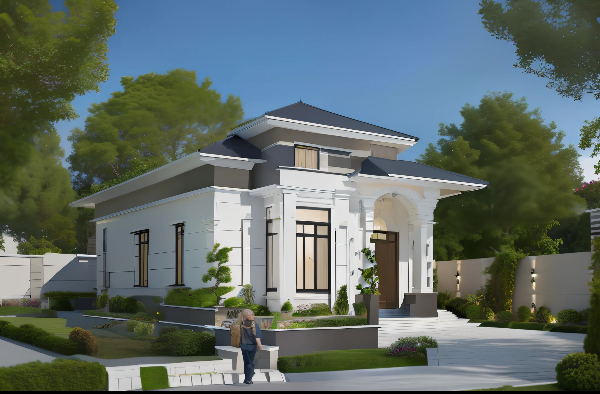 a drawing of a small house with slope roof, (brightenness:1.3), (morden:1.3)), (road:1.3), large space infront of, detail flower front perspective, frontview, perspective view, wide frontal view, front view, front-view, rendering, elevation view, front elevation view, all white render, sketch - up, frontal view, symmetrical front view, front facing view, front elevation, 3/4 front view, front side view,"A picture showcasing a captivating modern villa, featuring an expansive and well-ventilated yard adorned with vibrant flowers and flourishing trees."(RAW photo), highest quality, (masterpiece:1.2), High detail RAW color photo, extremely detailed CG unity 8k wallpaper, (photo realism:1.4), (highres), hyperdetailed, (photorealistic:1.2), (best quality:1.3),perfect anatomy, (exterior), model villa, super realistic , 32k