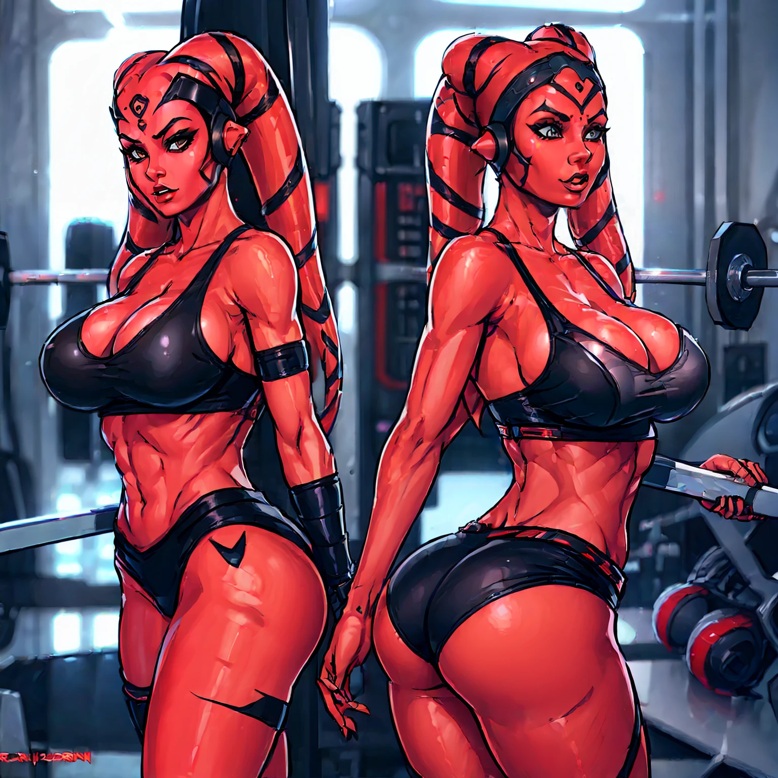 1girl, Sienn Taruna the busty Sith warrior maiden, ((busty, cleavage, tight ass)), masterpiece, best quality, high-definition, ((red skin), twi'lek), evil space knight, space ninja, (wearing black sports bra, gym shorts, ((busty)), slender body, thin, slim sexy body, slim waist, ((((huge breasts, big ass, big butt))))), futuristic gym, Star Wars,